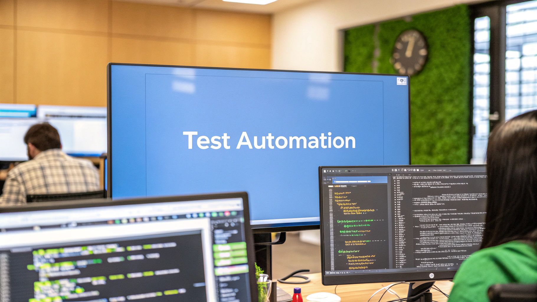 - A photo-realistic scene of a modern developer workspace with subtle blurred monitors displaying code and test reports, featuring 'Test Automation' text centered on a solid background block in the golden ratio position, sharp legible font with high contrast, surrounded by subdued imagery of digital testing tools, server racks, clock icons, and progress bars to emphasize speed and reliability