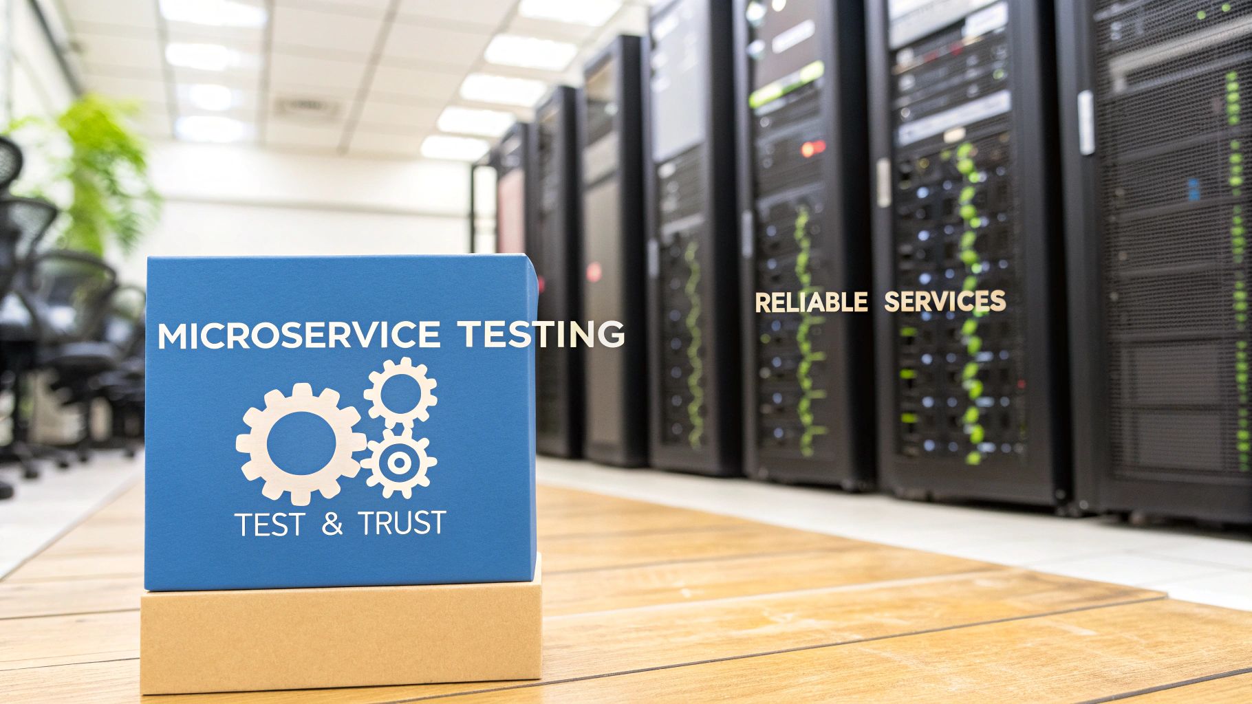 - A modern data center with blurred server racks and network cables in the background, featuring “Microservice Testing” text centered on a solid background block in the golden ratio position
- A sleek workstation displaying code and test logs, showcasing “Reliable Services” text prominently on a solid block in the center
- A close-up of interlocking gears and circuit traces representing distributed services, with “Test & Trust” text as the central focal point on a solid colored background block, surrounded by subdued tech elements