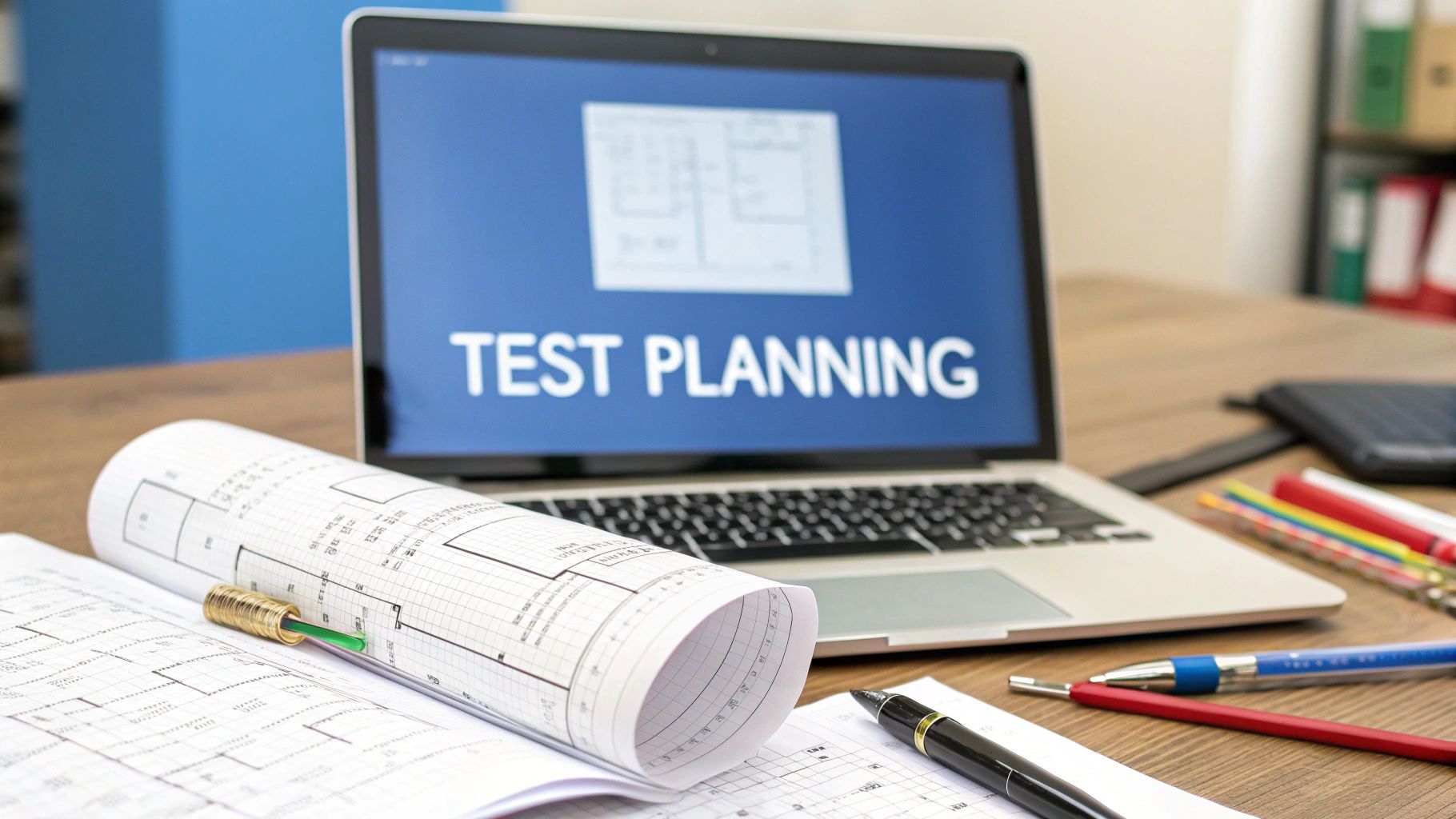 - A photo-realistic workspace showing an open architectural blueprint on a desk next to a laptop displaying code, with sketch lines and pen scattered, featuring 'Test Planning' text centered on a solid background block in the golden ratio position, surrounding imagery subdued and slightly blurred to highlight the text, demonstrating the blueprint concept for software quality
