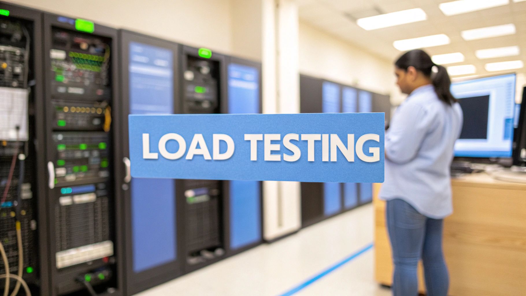 - A photo-realistic scene of a professional testing lab with blurred server racks and monitoring dashboards in the background, featuring 'Load Testing' text centered on a solid background block in the golden ratio position, with crisp, high-contrast typography, surrounded by subtle speed gauges and progress bar metaphors in soft focus to reinforce performance testing while keeping the composition minimalistic