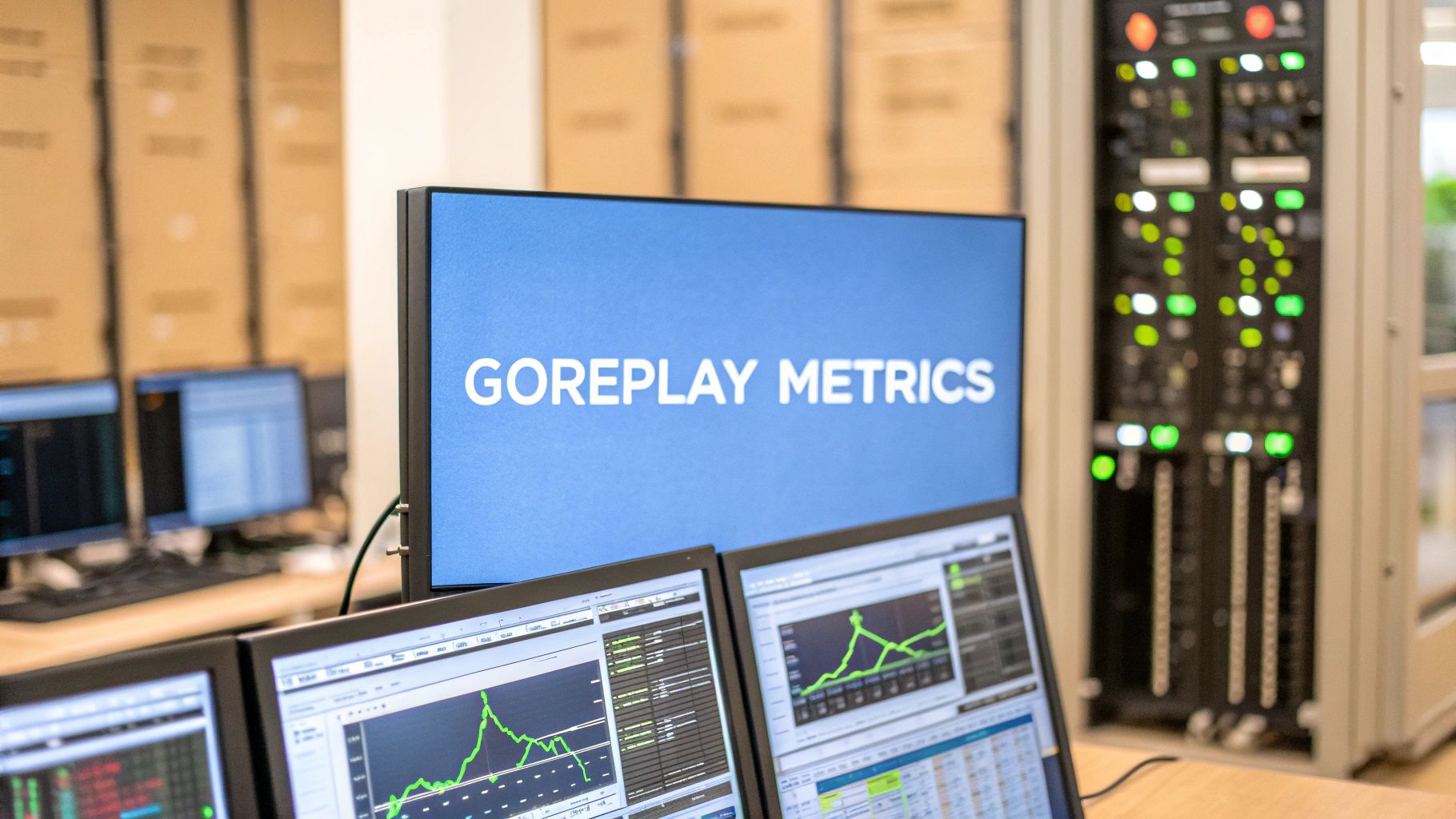 - A photo-realistic server room with blurred hardware racks and terminal screens, featuring âGoReplay Metricsâ text centered on a solid background block in the golden ratio position; subtle latency graphs and error rate charts softly visible behind
- A realistic flight deck with analog gauges and digital dashboards showing throughput and session fidelity graphs, with âGoReplay Metricsâ text prominently placed on a solid background block at the center; instruments muted to focus text
- A modern QA workspace with multiple monitors displaying dashboard widgets, alert triggers, and performance charts softly blurred, featuring âGoReplay Metricsâ text centered on a solid block in the golden ratio position to emphasize reporting and metrics