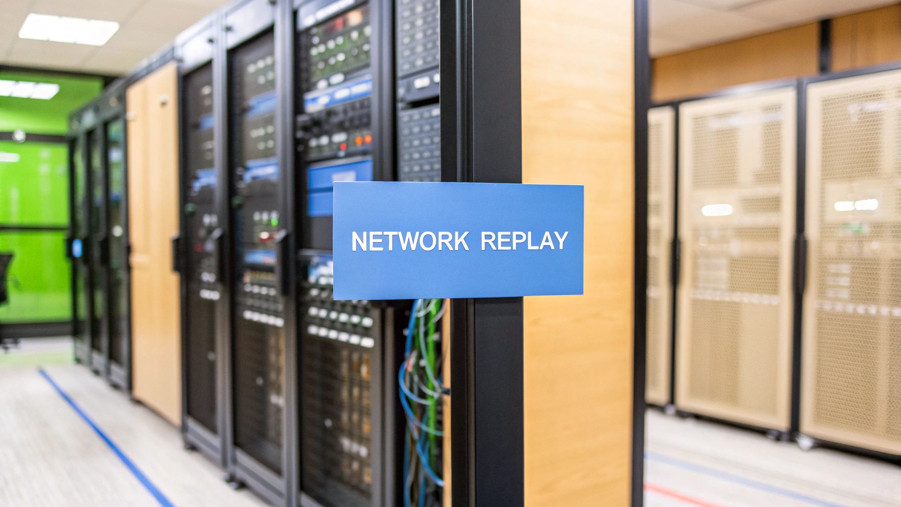 - A photorealistic data center environment with blurred network racks and monitoring screens in the background, featuring "Network Replay" text prominently displayed on a solid background block at the golden ratio position, the surrounding hardware imagery subdued to emphasize the text as the focal point, brand & text realism style