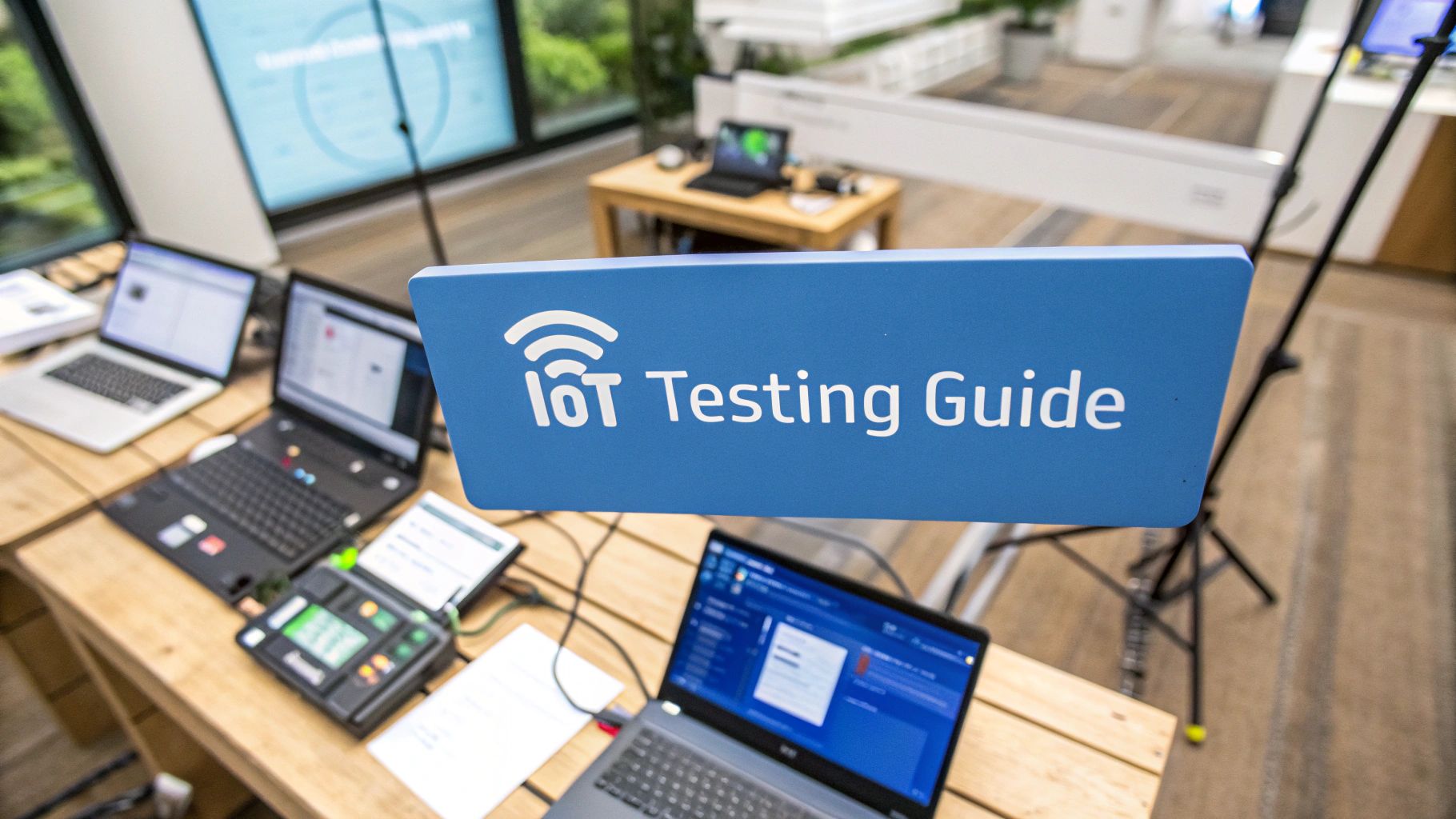 An overhead shot of a modern IoT testing lab with blurred smart home devices, network sniffers, and laptop screens in the background, featuring "IoT Testing Guide" text prominently displayed on a solid background block at the golden ratio position, photorealistic style with surrounding elements slightly subdued to maintain text prominence.