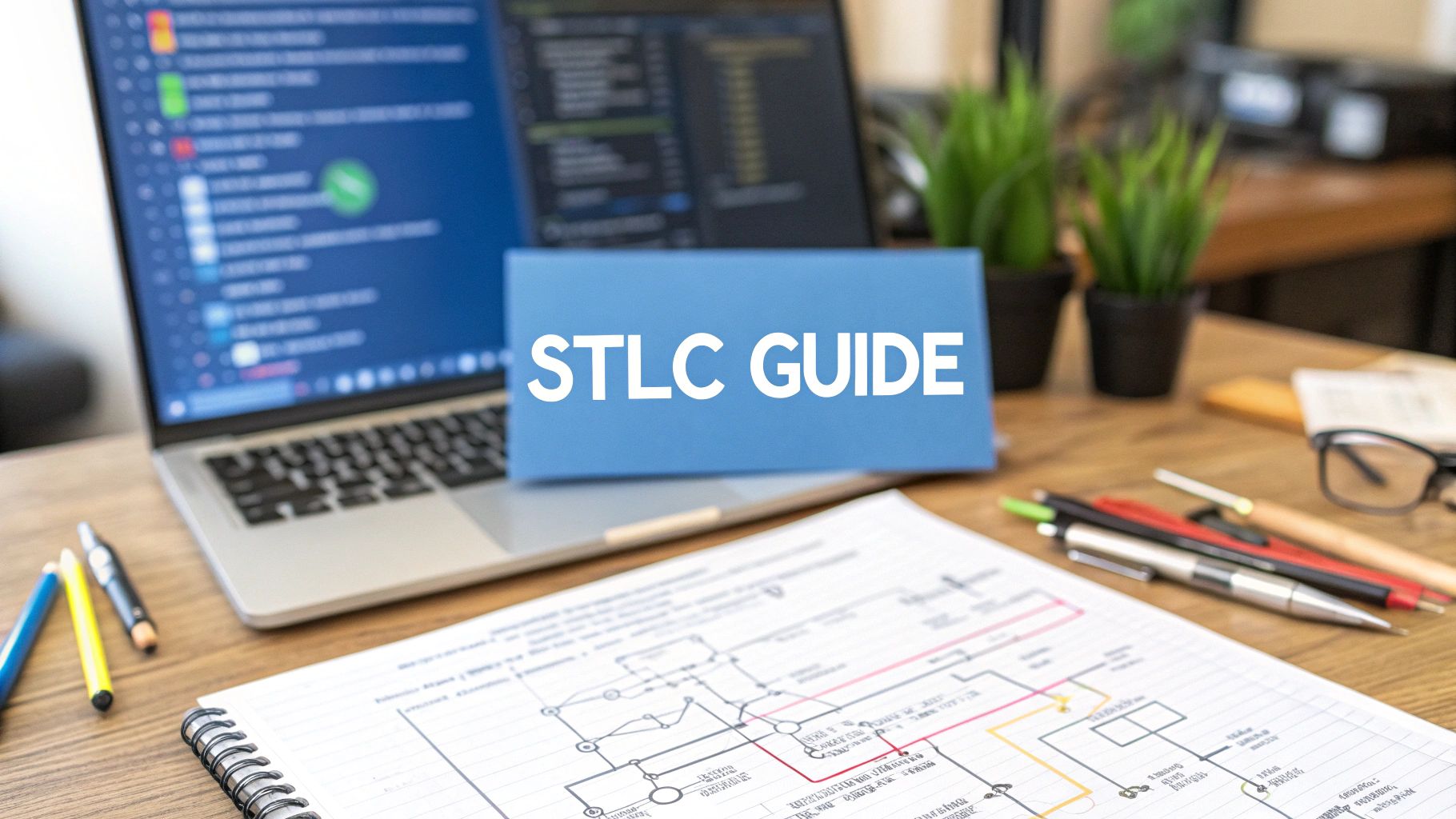 - A photo-realistic workspace scene with a blueprint and flowchart of the software testing phases spread across a desk, deep blurred background elements like code snippets and test devices in soft focus, featuring 'STLC Guide' text centered on a solid background block in the golden ratio position, surrounding visuals subdued to keep text as the clear focal point