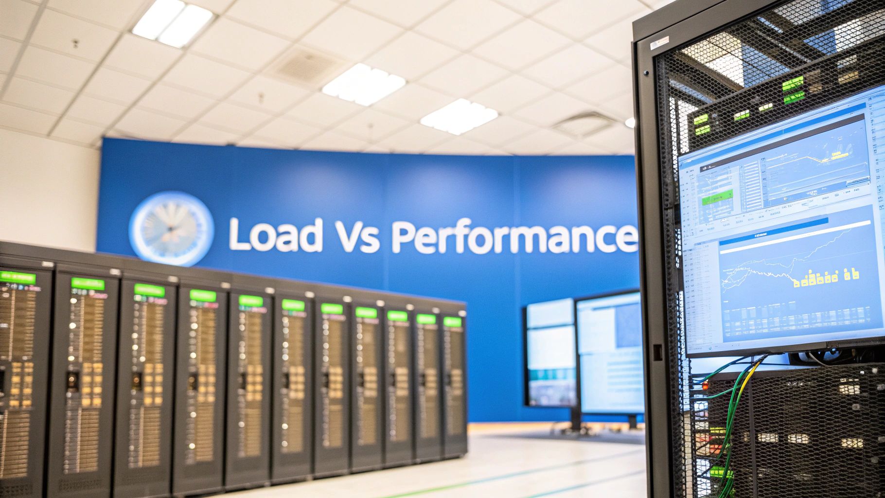 - A modern data center with blurred server racks and performance dashboards on screens in the background, featuring 'Load vs Performance' text centered on a solid background block placed in the golden ratio position, photo-realistic style