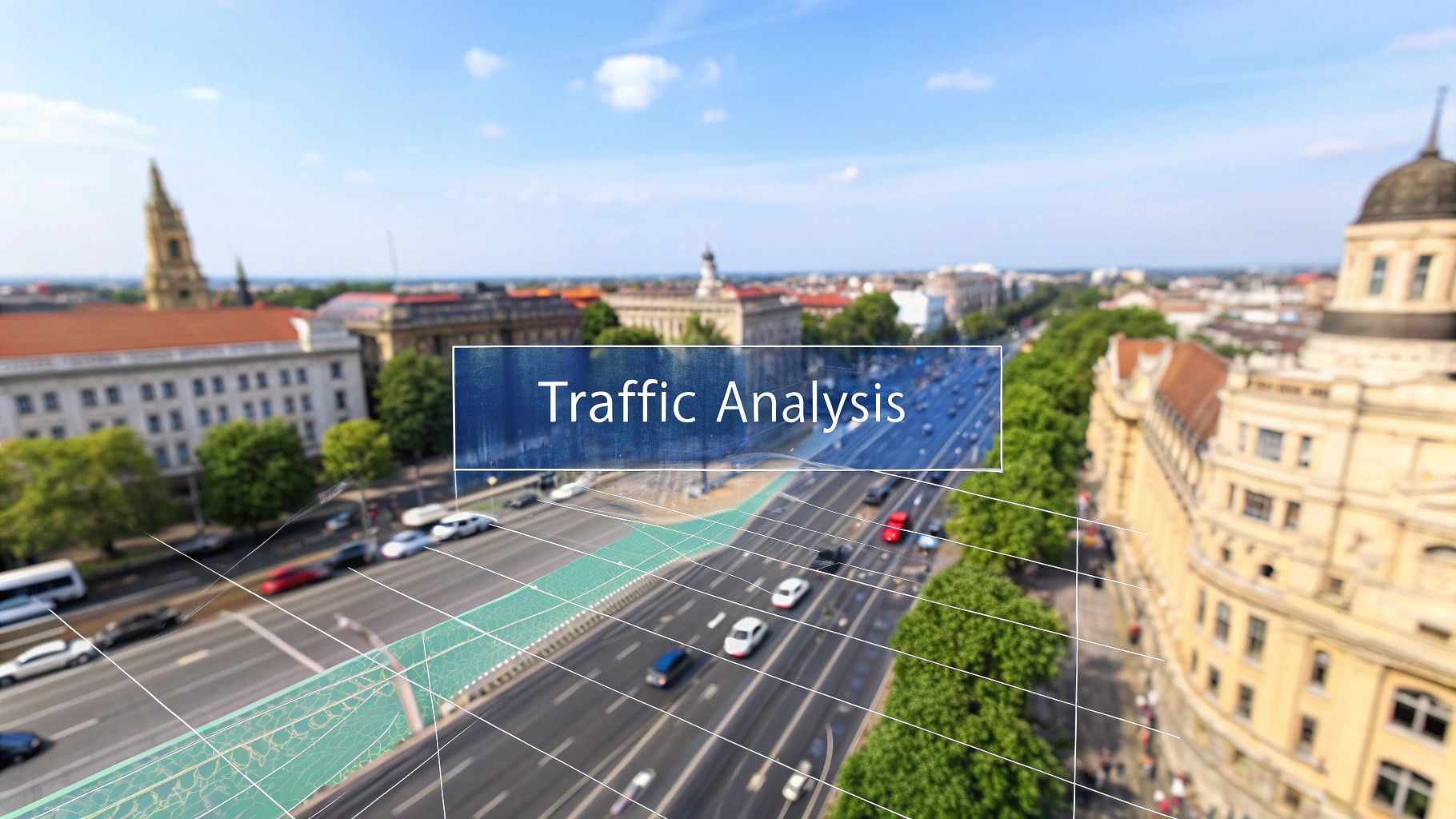 - A photo-realistic aerial view of a city grid with subtle overlays of vehicle motion lines and data points, featuring 'Traffic Analysis' text prominently displayed on a solid background block in the golden ratio position, surrounding architecture and motion blur support the theme while remaining subdued