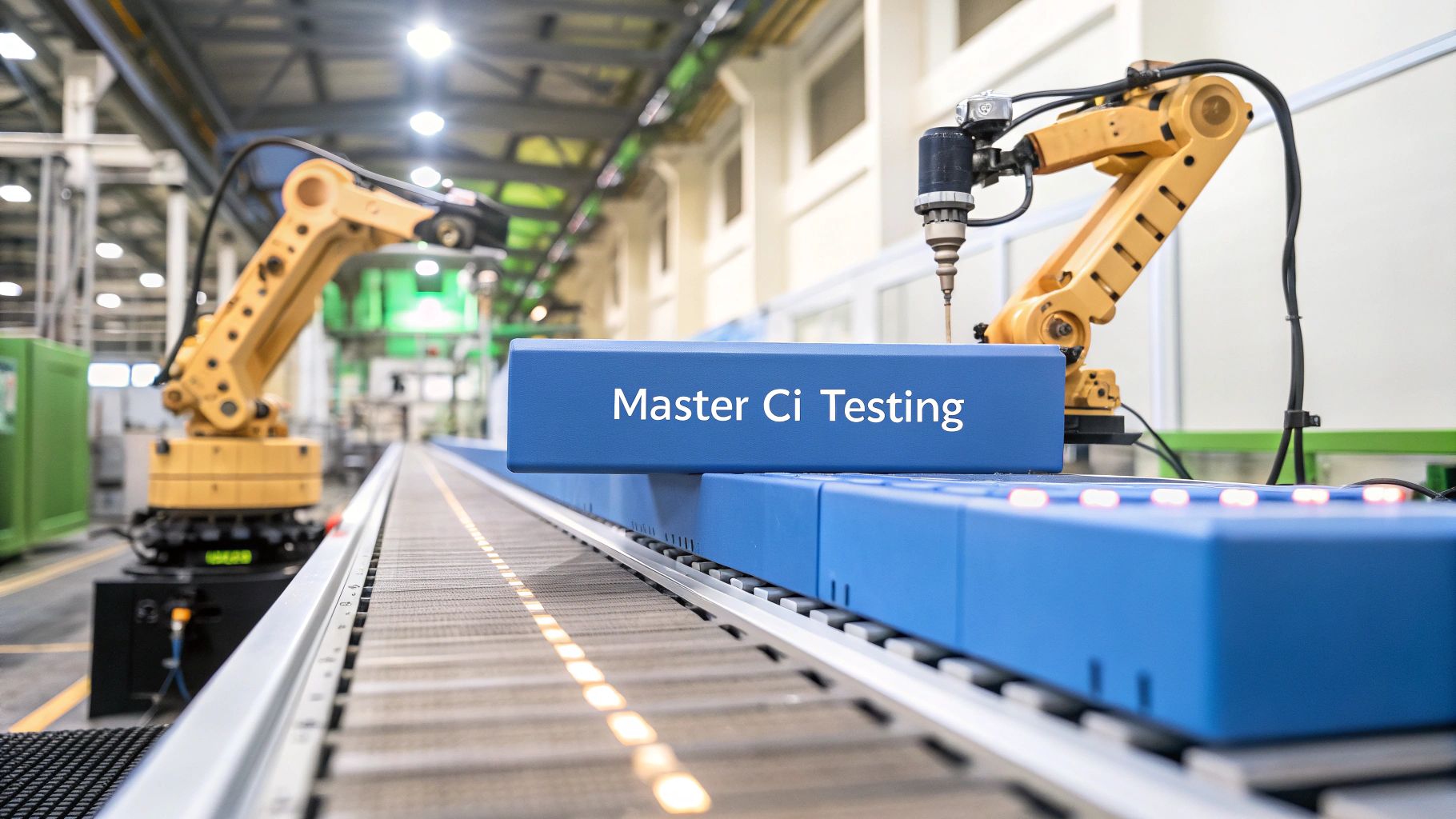 - A photo-realistic depiction of an automated code pipeline with modular code blocks on a conveyor belt passing under pit crew-style robotic arms, test result lights subtly glowing in the background, with 'Master CI Testing' text prominently displayed on a solid background block at the golden ratio position