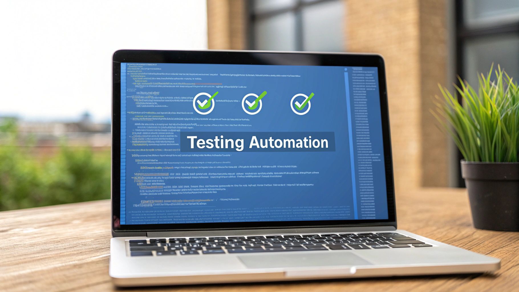 A modern software dashboard with subtle lines of code and checkmark icons, featuring âTesting Automationâ text centered on a solid background block at the golden ratio position, photo-realistic style, surrounding elements slightly subdued to maintain text prominence