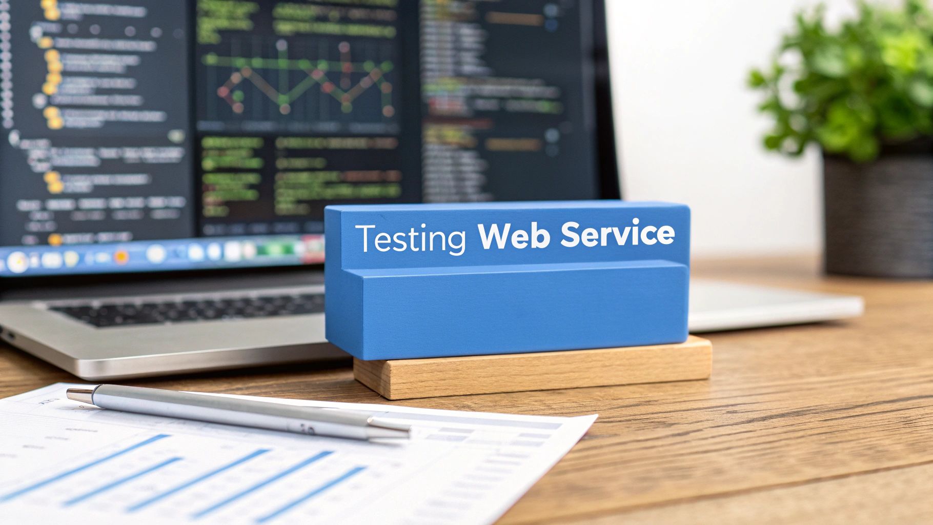 - A photo-realistic modern desk setup with a blurred terminal showing API request logs and network diagrams in the background, with “Testing Web Service” text prominently centered on a solid background block in the golden ratio position, surrounded by subtly blurred tech elements such as a laptop, code snippets, and schematic diagrams