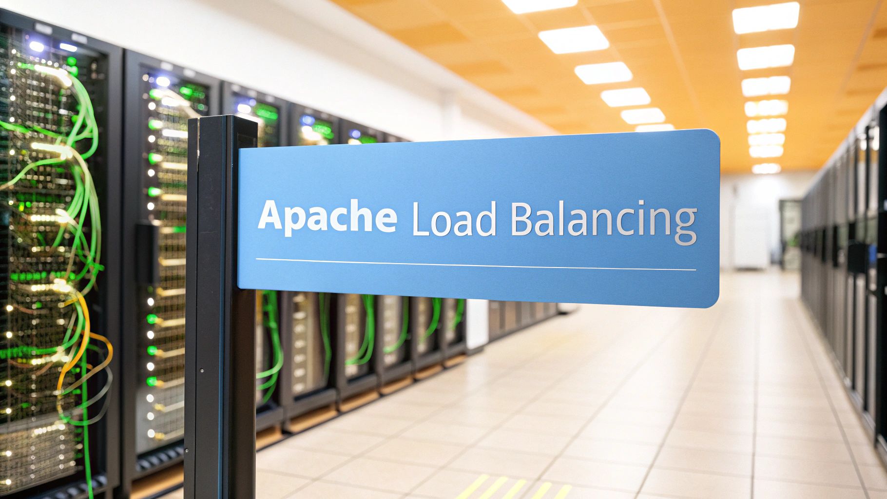 - A photo-realistic server room with racks and glowing network cables in soft focus, featuring "Apache Load Balancing" text centered on a solid background block in the golden ratio position, with subtle blurred schematics of traffic flow and load graphs in the background to reinforce the theme