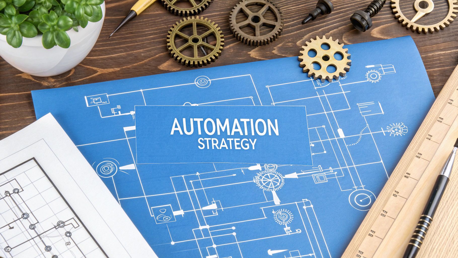 - A photo-realistic technical blueprint scene with circuit lines, gear and test icons subtly arranged in the background, featuring "Automation Strategy" text prominently displayed on a solid background block at the golden ratio position, with the schematic design elements slightly subdued to keep the text as the central focal point
