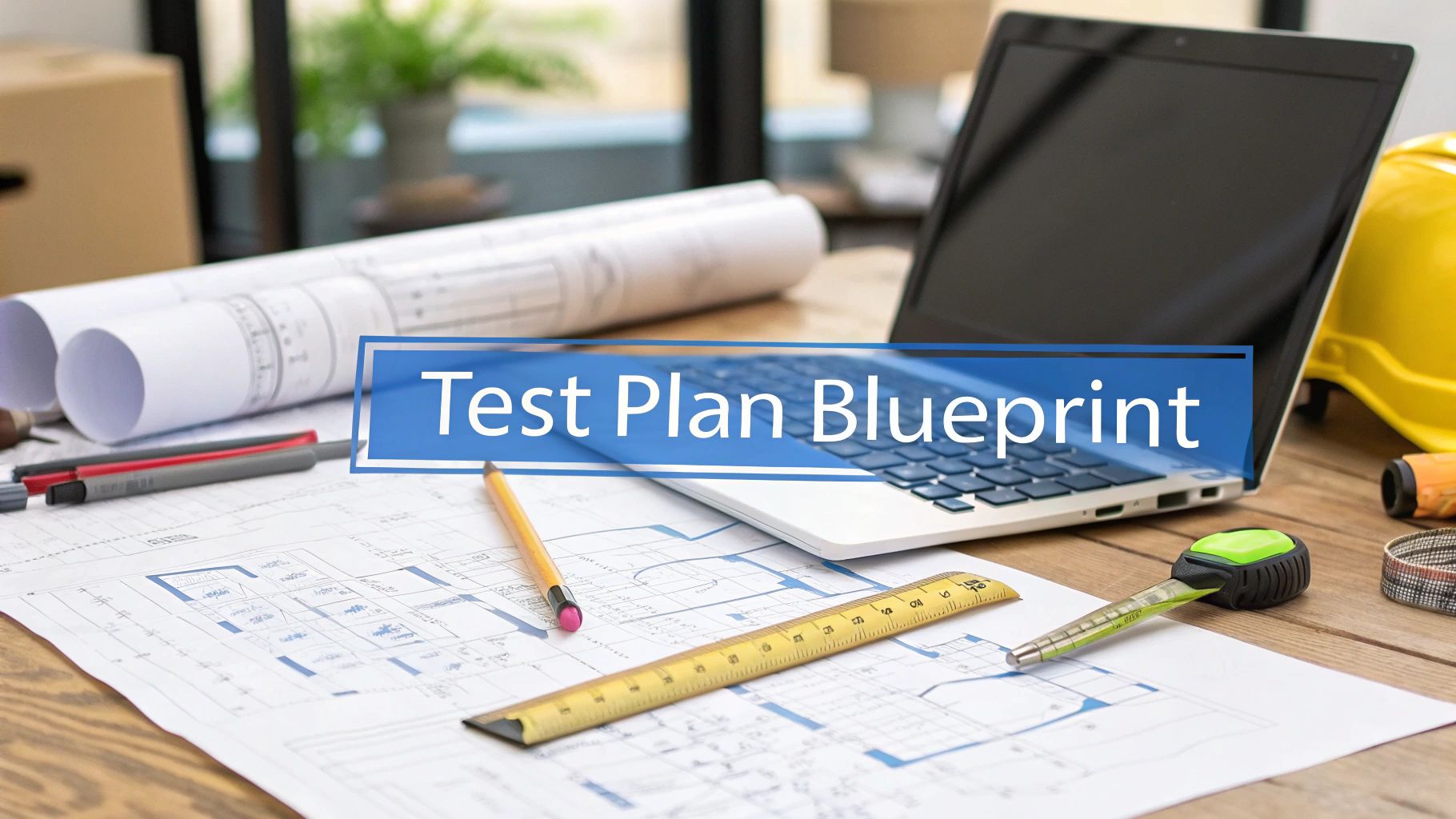 - A photo-realistic drafting table scene with blueprints, a laptop, sticky notes, and measuring tools softly blurred in the background, featuring “Test Plan Blueprint” text sharply centered on a solid background block in the golden ratio position