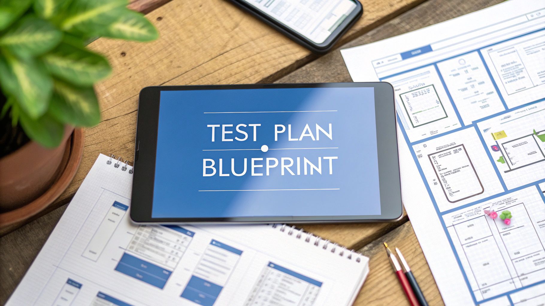- A photo-realistic layout of a digital blueprint with soft-focus code snippets and app wireframe sketches in the background, featuring "Test Plan Blueprint" text centered on a solid background block in the golden ratio position, with the surrounding imagery subtly reinforcing software planning and structure