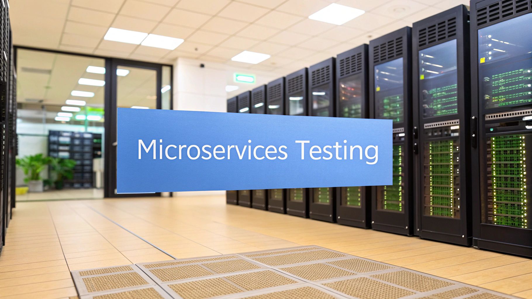 - A photo-realistic control room with server racks and floating network diagrams in the background, featuring âMicroservices Testingâ text centered on a solid background block at the golden ratio position; the surrounding racks and data flows are softly blurred and illuminated to support and enhance the textâs message while remaining subdued