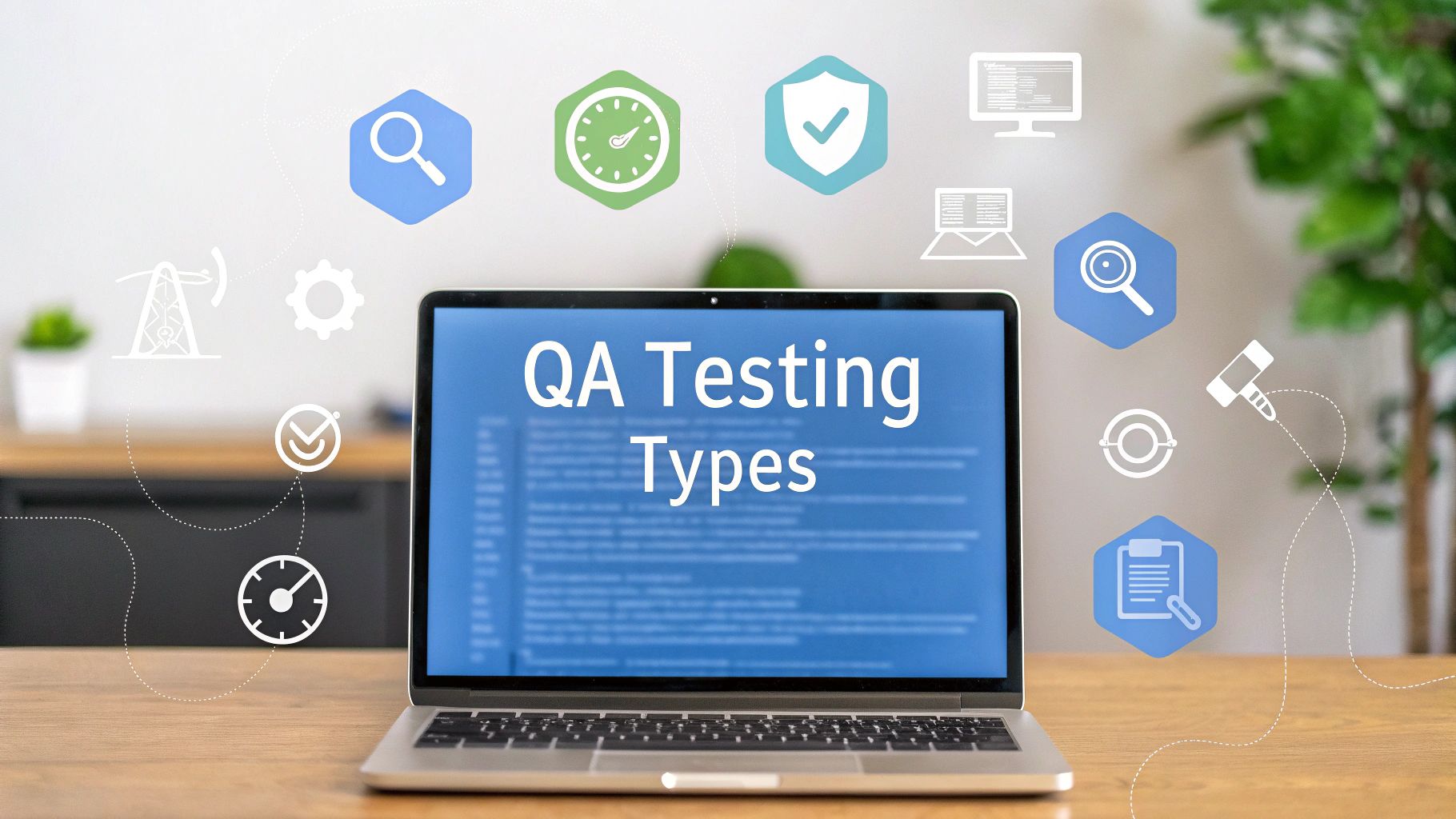 - A minimalist QA lab scene with a laptop displaying code and softly blurred icons of a checklist, speedometer gauge, security shield, and network diagram in the background, featuring "QA Testing Types" text centered on a solid background block at the golden ratio position