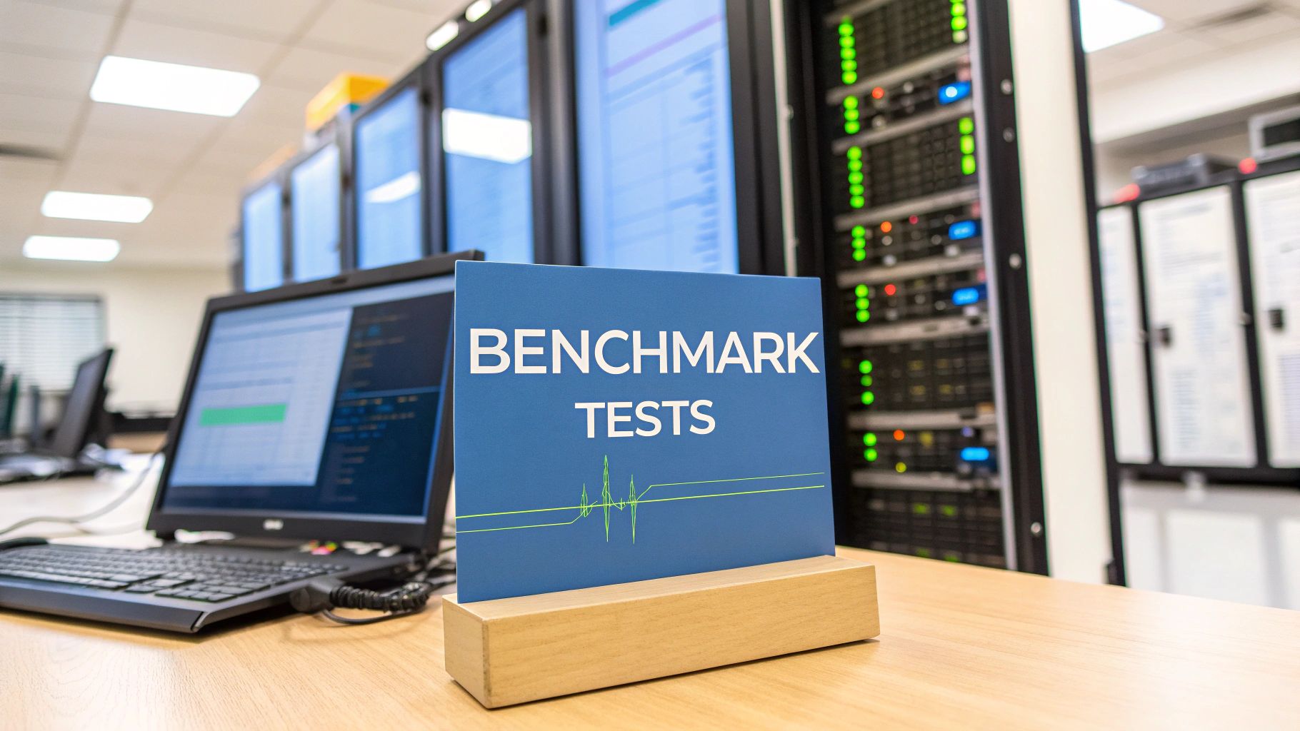 - A high-tech performance lab with blurred server racks and faint performance graphs in the background, featuring 'Benchmark Tests' text prominently displayed on a solid background block in the golden ratio position