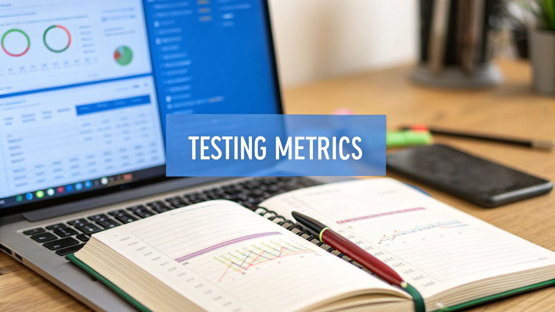 A photo-realistic image in Brand & Text Realism style featuring a clean workspace with a blurred code dashboard on a monitor and an open notebook showing charts, with “Testing Metrics” text prominently centered on a solid background block in the golden ratio position, the surrounding scene conveying precision and analysis with subdued office elements and measuring tools subtly in the background