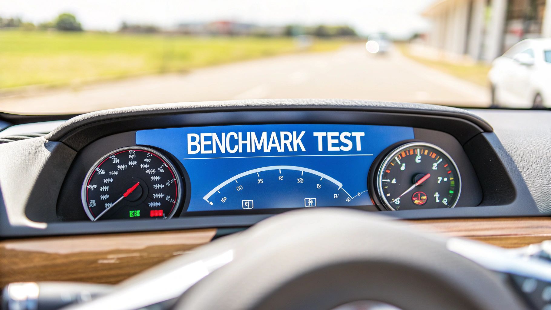 - A photo-realistic digital dashboard in brand and text realism style, with subtle performance charts and gauges softly blurred in the background, featuring "Benchmark Test" text prominently displayed on a solid background block at the golden ratio position, surrounding imagery subdued to keep text in sharp focus