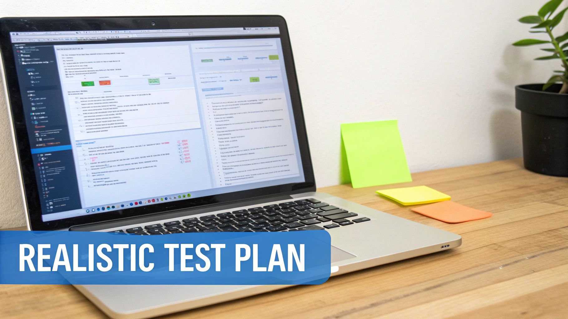 A laptop displays a test plan interface with an overlay text 'REALISTIC TEST PLAN' on a wooden desk with sticky notes.