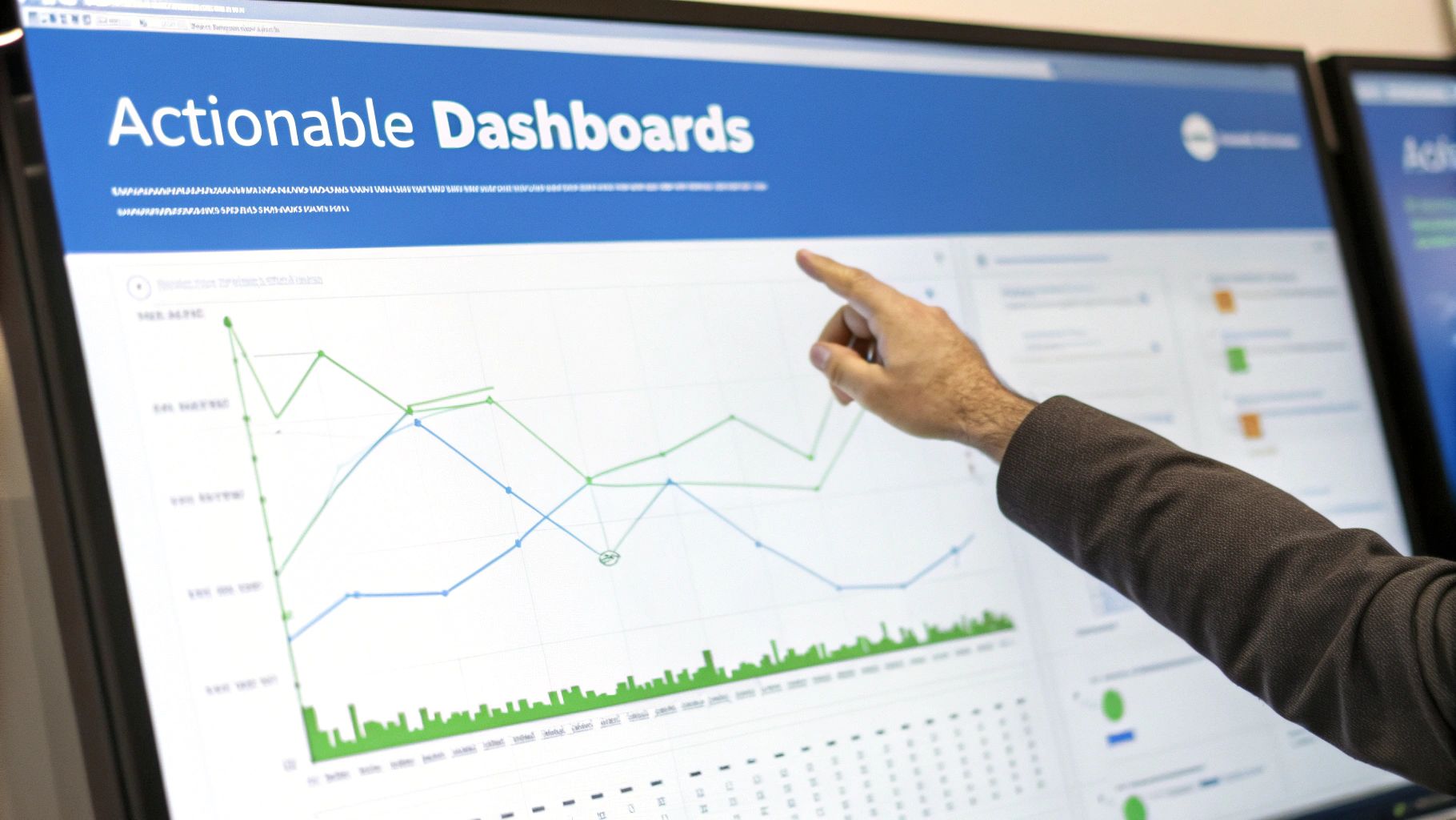 A person's hand points to a large monitor displaying actionable data dashboards with graphs.