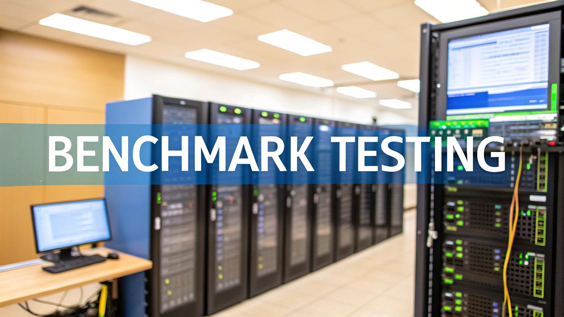 A photo-realistic server room interior with rows of racks softly blurred in the background, a solid-colored background block in the golden ratio position displaying “Benchmark Testing” in sharp, high-contrast text, surrounded by subdued hints of performance graphs on nearby screens and a faint speedometer gauge to reinforce the theme of performance measurement