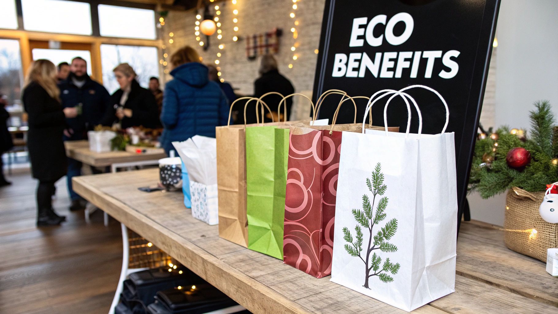 A person holding a simple, elegant eco-friendly gift bag made of light-colored fabric.
