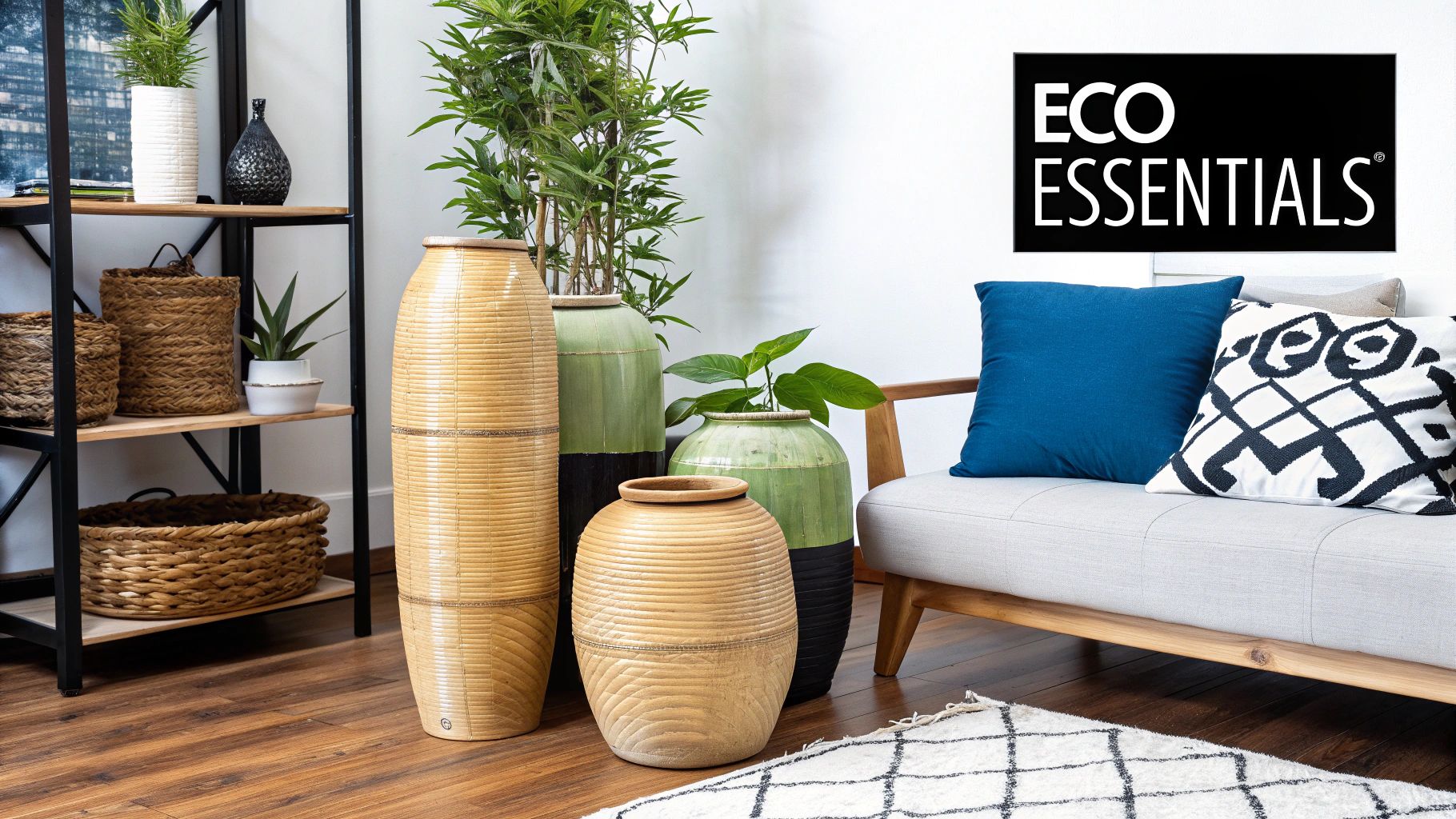 A modern living room with eco-friendly accessories like woven baskets and plants