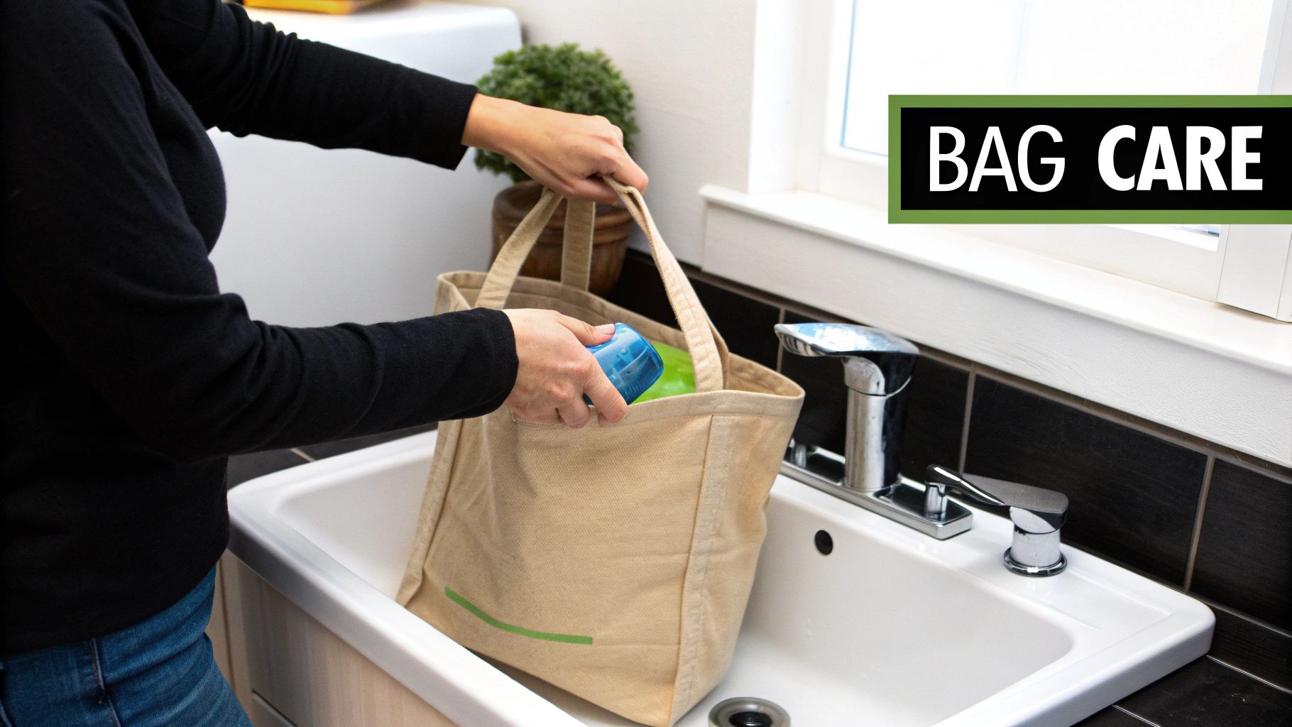 A person holding a stylish, durable sustainable bag while looking thoughtful.