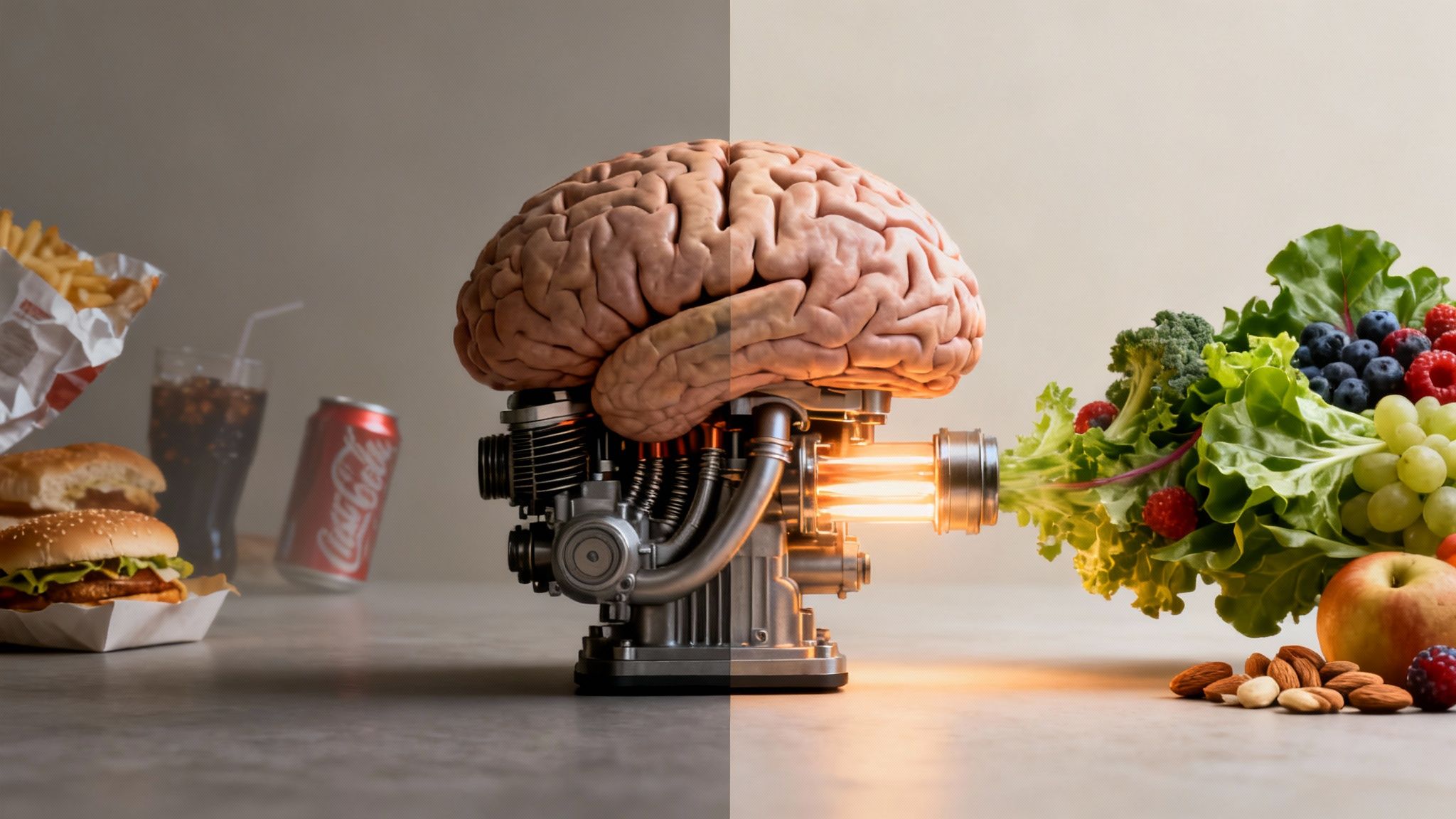 A human brain powered by healthy foods glowing brightly on one side, while unhealthy fast food dims the other.
