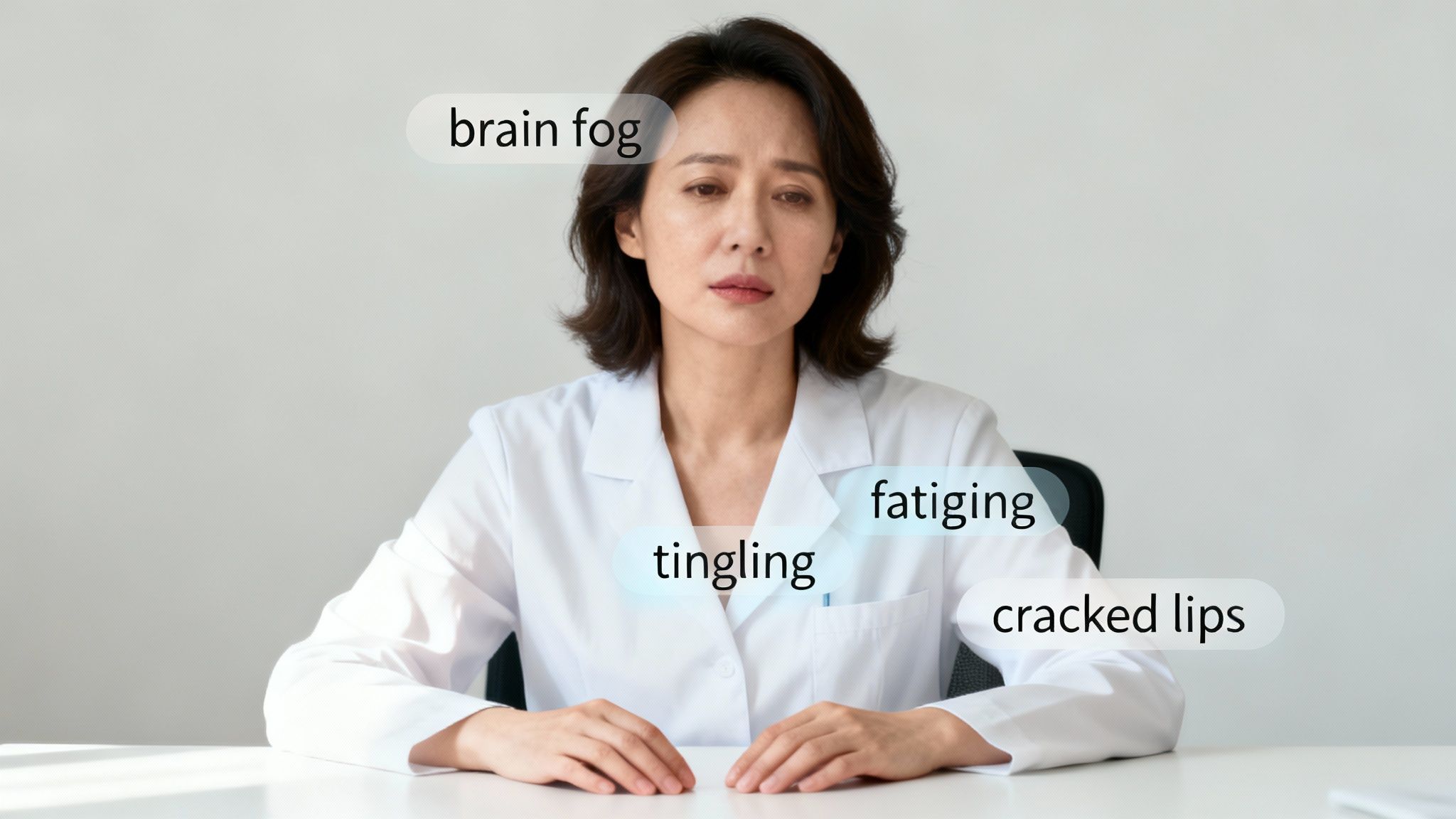 A concerned woman in a white lab coat with text bubbles indicating symptoms like brain fog and fatigue.