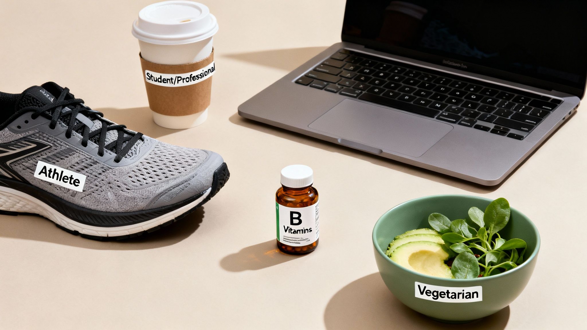 Flat lay: running shoe (Athlete), coffee (Student/Professional), B Vitamins, and vegetarian food by a laptop.