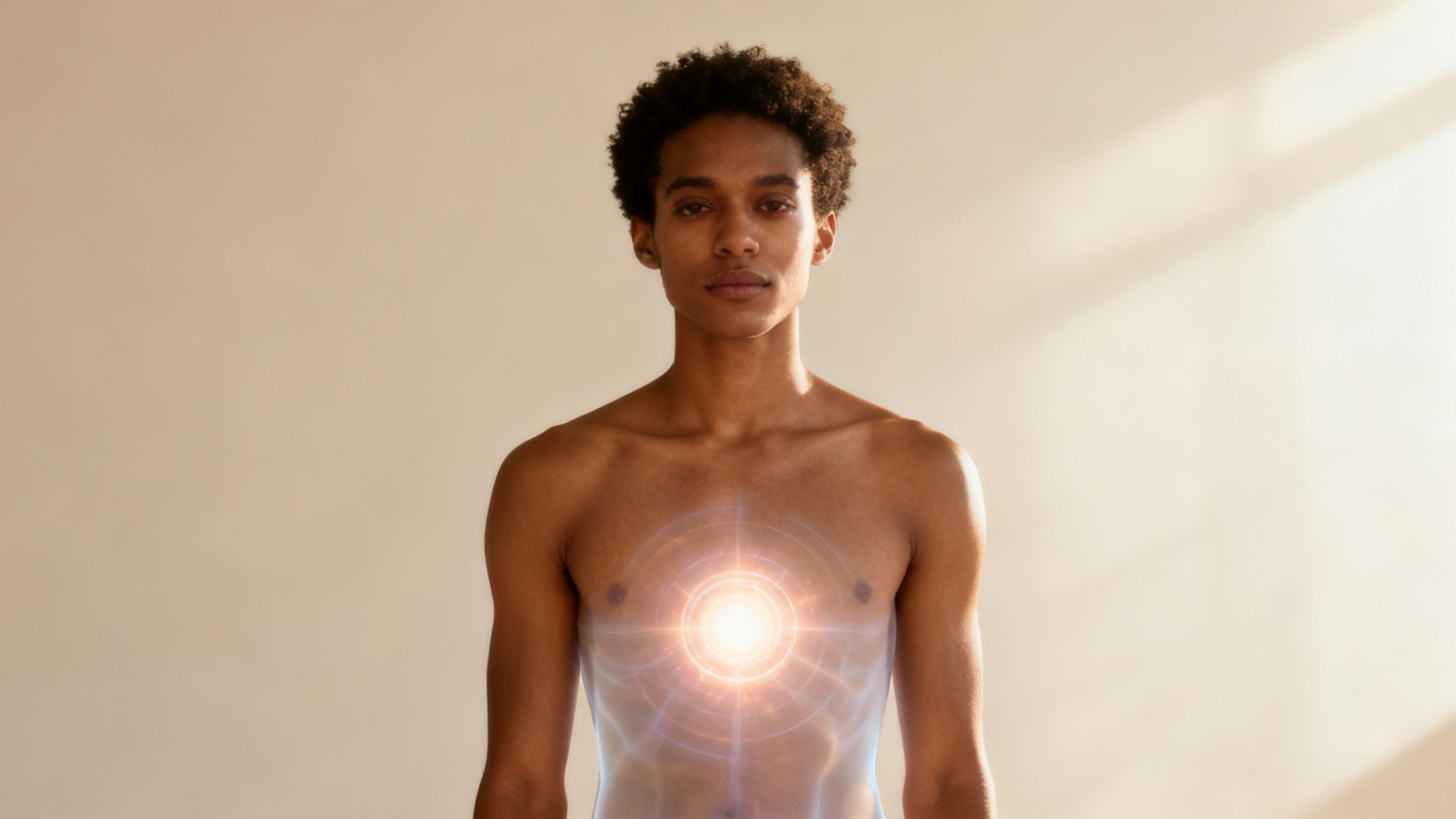 A shirtless young man with curly hair stands, a bright glowing light emanating from his chest.