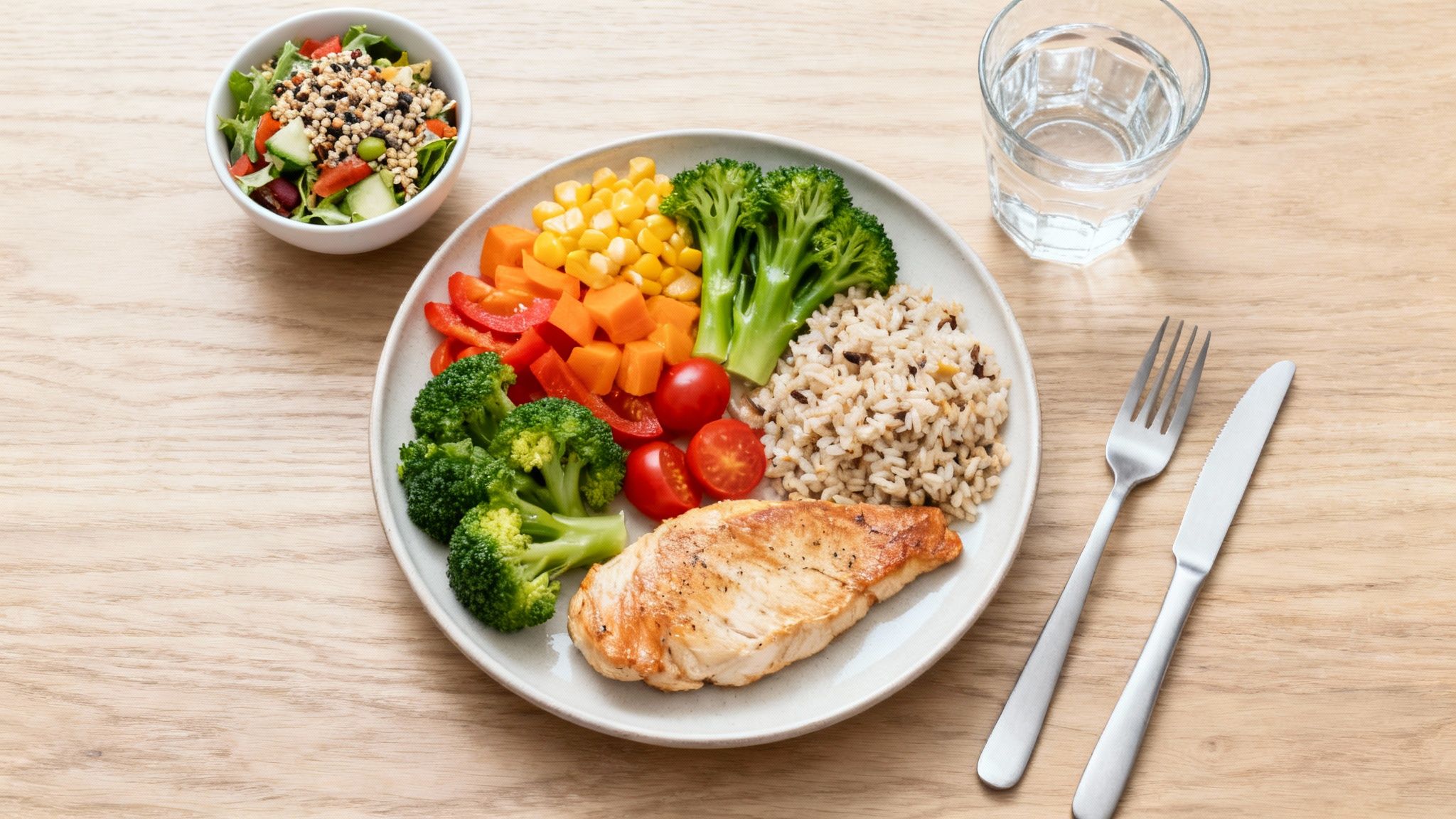 A healthy meal featuring grilled chicken, brown rice, broccoli, carrots, corn, tomatoes, and a side salad.