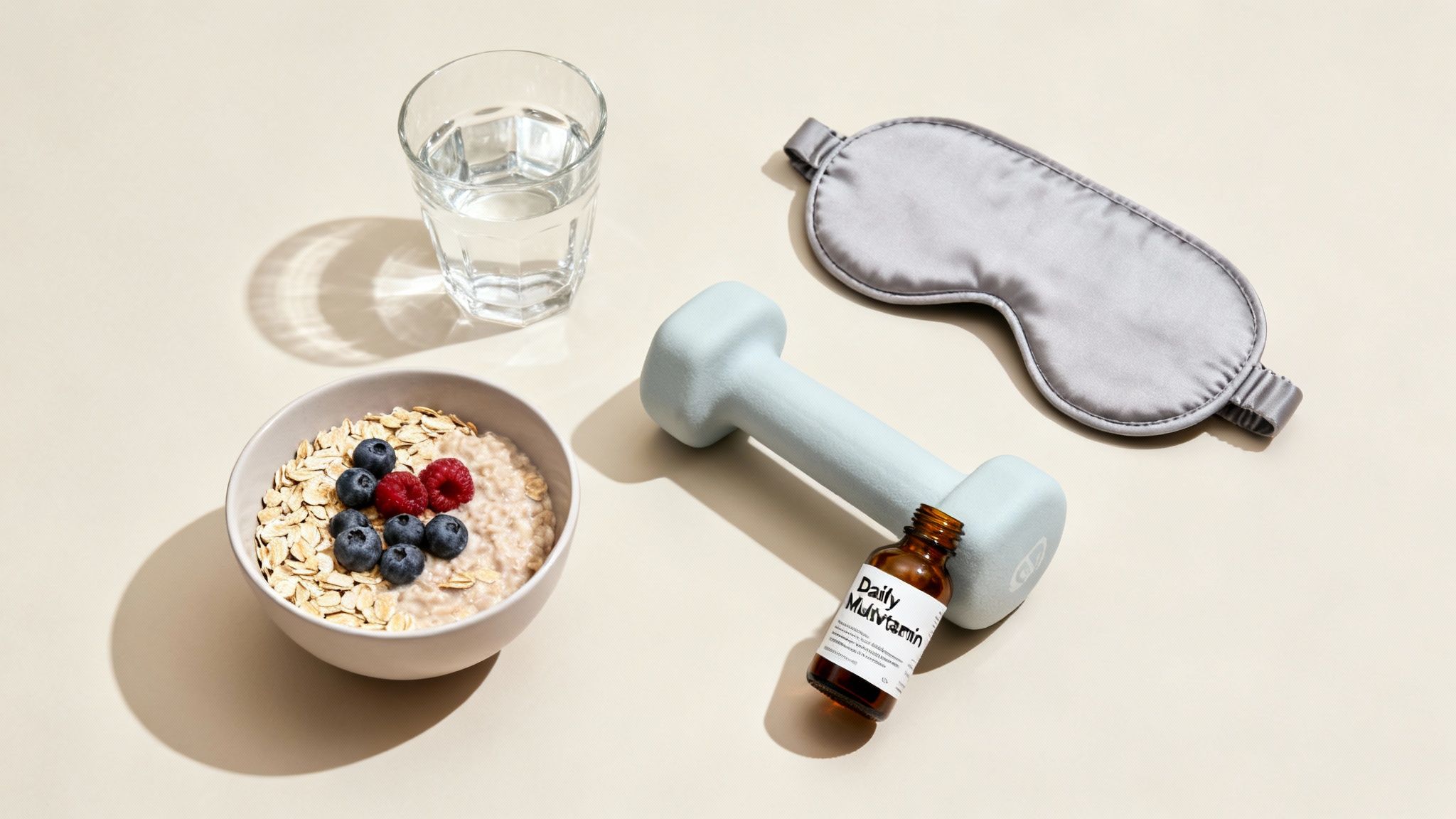 A balanced morning routine flat lay with oatmeal, water, multivitamin, dumbbell, and sleep mask.