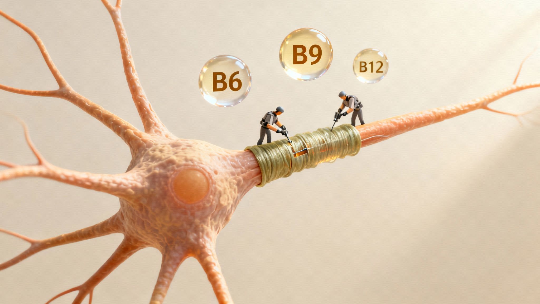 Tiny figures repair a neuron's myelin sheath, surrounded by B6, B9, B12 vitamin bubbles, symbolizing brain health.