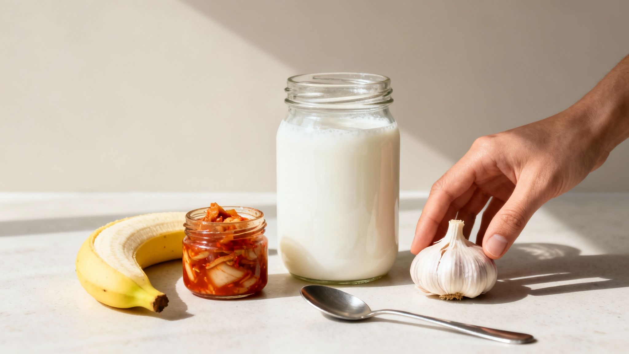A hand reaching for a head of garlic, beside a peeled banana, a jar of kimchi, and a bottle of milk.