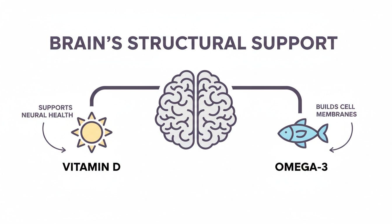 Illustration showing Vitamin D supporting neural health and Omega-3 building cell membranes for brain structure.