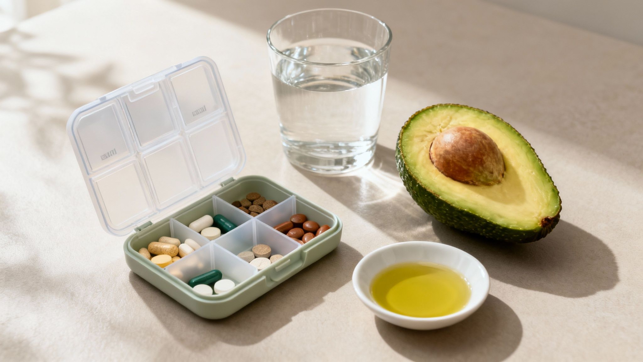 A pill organizer filled with various supplements, a glass of water, half an avocado, and a bowl of oil on a table.