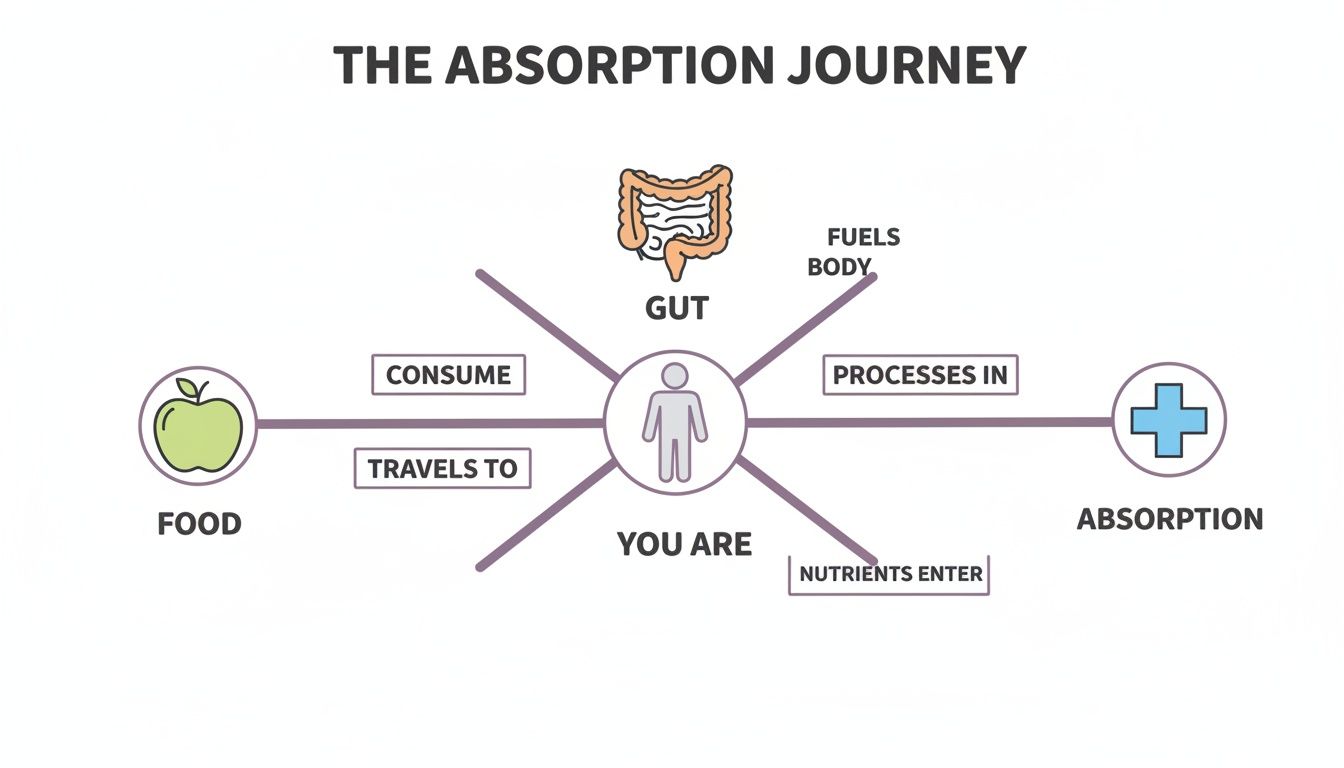 Diagram showing the journey of food absorption, from consuming food to nutrients fueling the body.