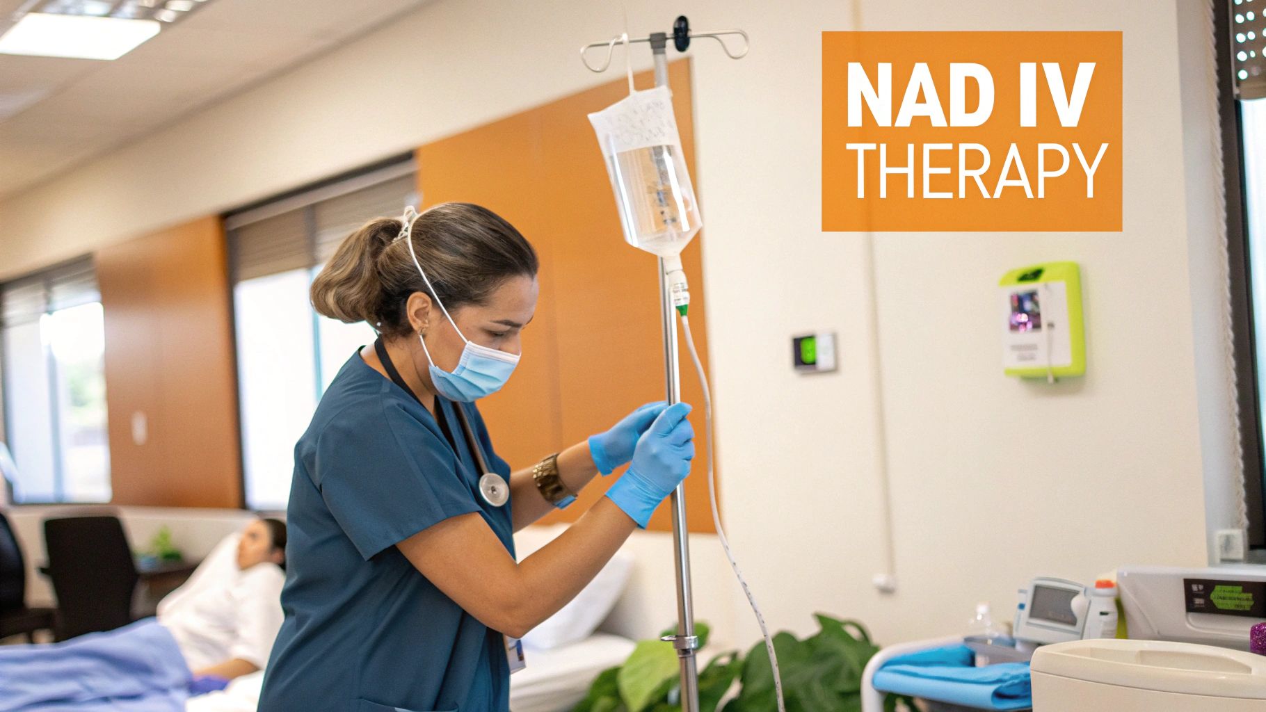 A nurse administering NAD IV therapy to a patient in a modern clinic setting.