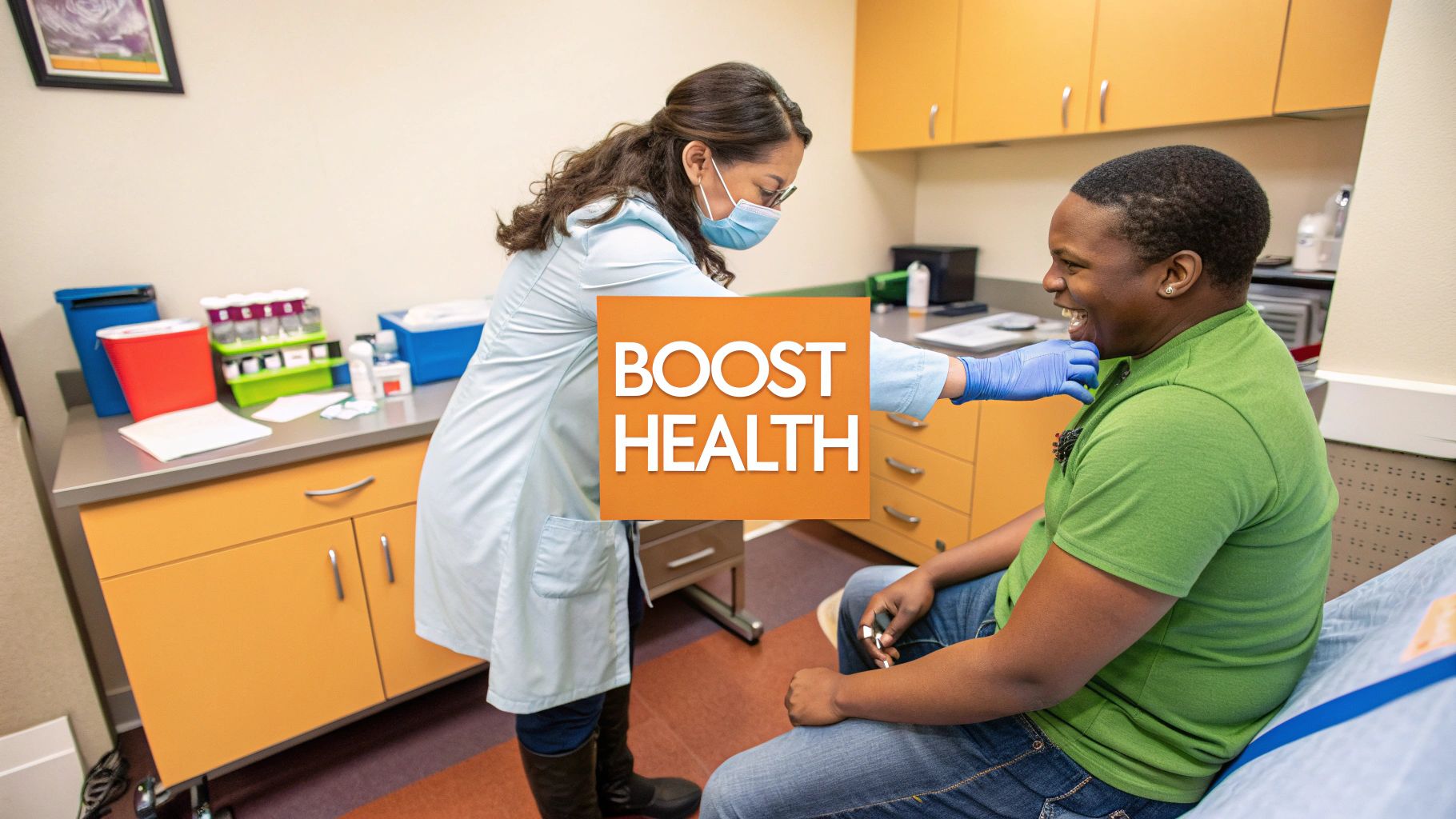 Healthcare professional administering injectable vitamins to a smiling patient in a clinical setting, emphasizing the importance of vitamin injections for health and wellness.