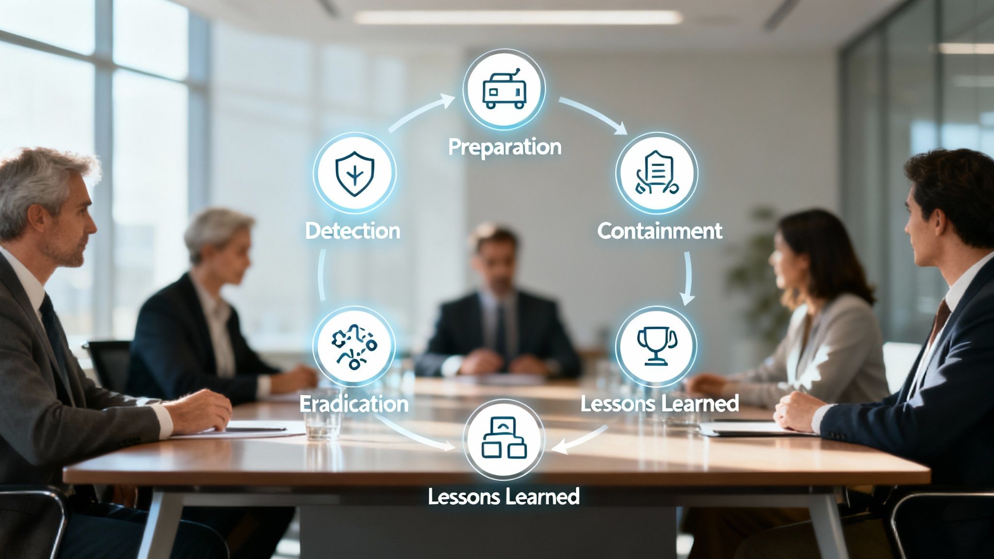 Digital shield visualizing the six phases of a security incident response plan with ethical AI detection.