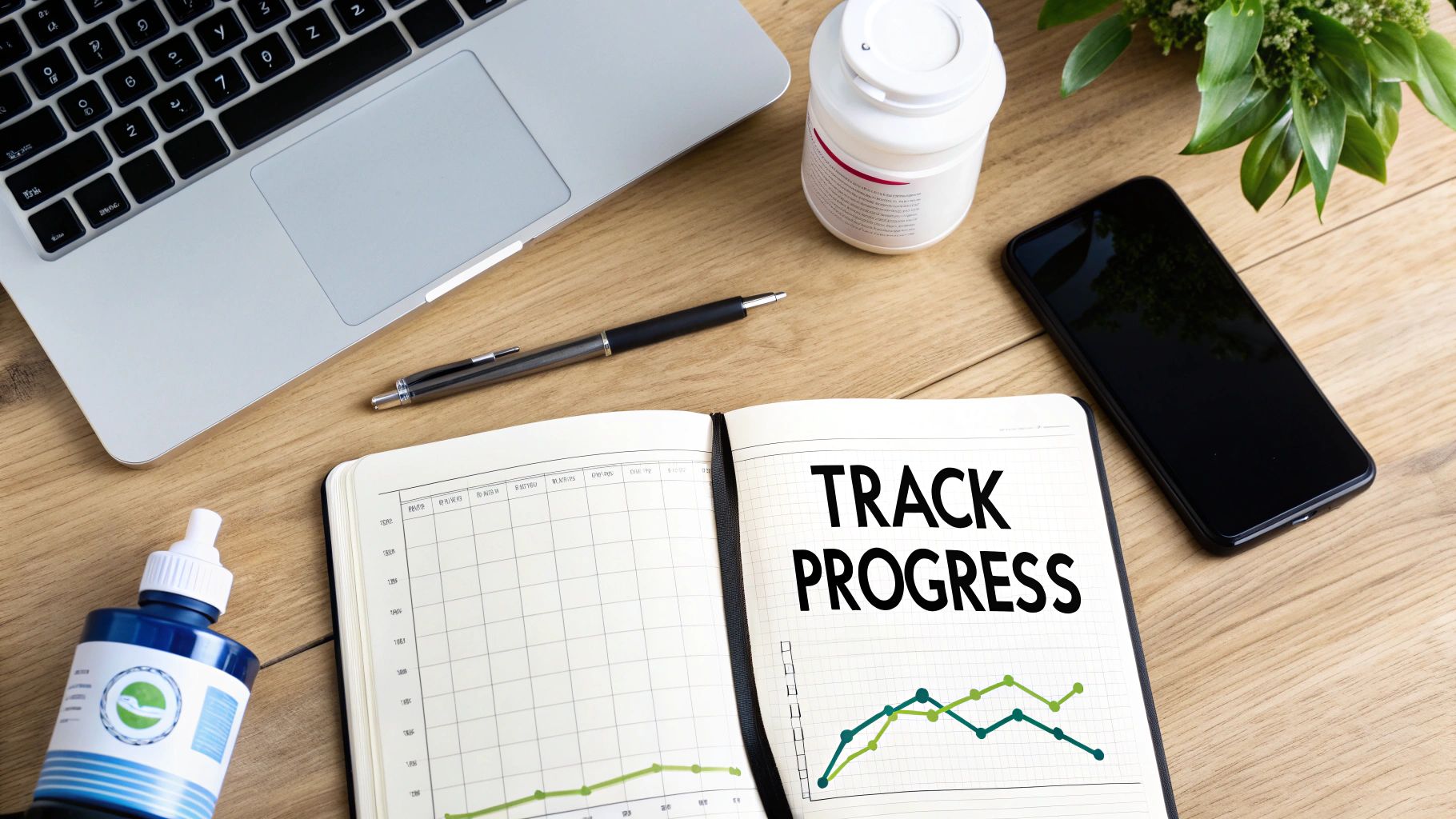 Overhead view of a workspace with a laptop, phone, supplements, and a notebook showing 'TRACK PROGRESS' and a graph.