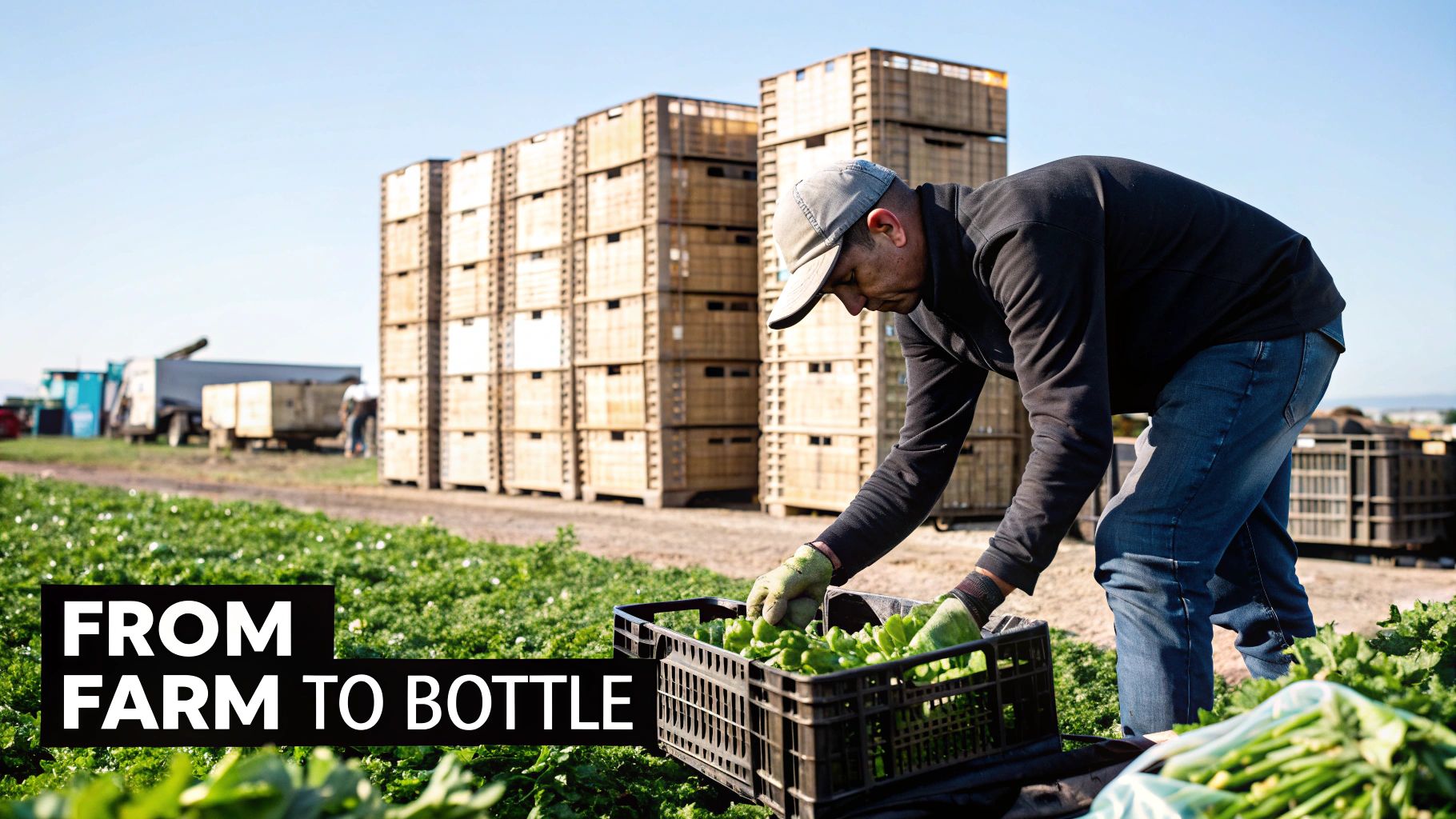 A farmer in a field harvesting green leafy vegetables into a crate, with stacks of crates in the background.