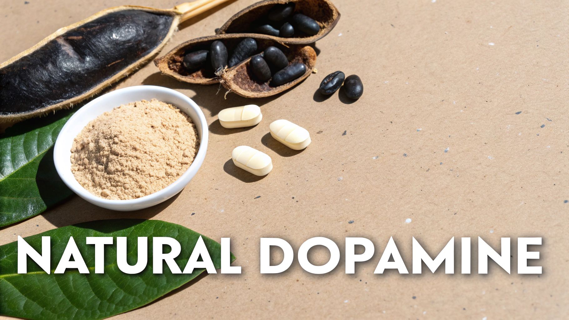 Mucuna pruriens pod, powder, and pills, representing natural dopamine supplements on a textured background.