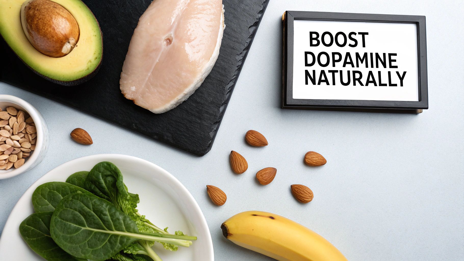 Healthy foods like avocado, chicken breast, spinach, almonds, and banana to naturally boost dopamine.