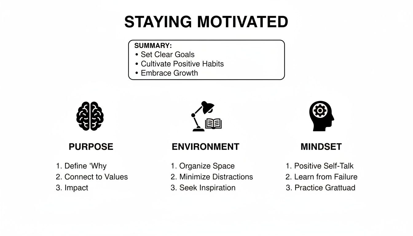 Infographic on staying motivated with sections on purpose, environment, and mindset, providing actionable tips.
