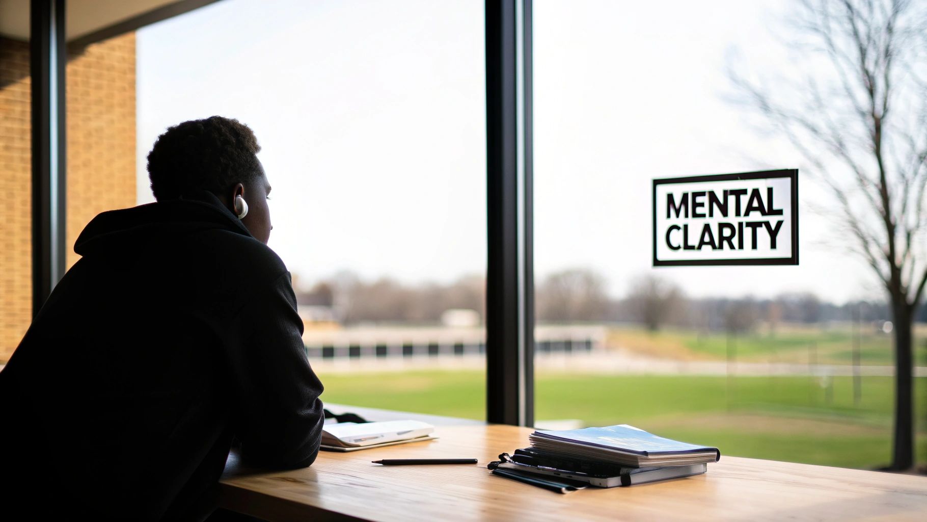 A person looks out a window with a 'MENTAL CLARITY' sign, surrounded by notebooks.