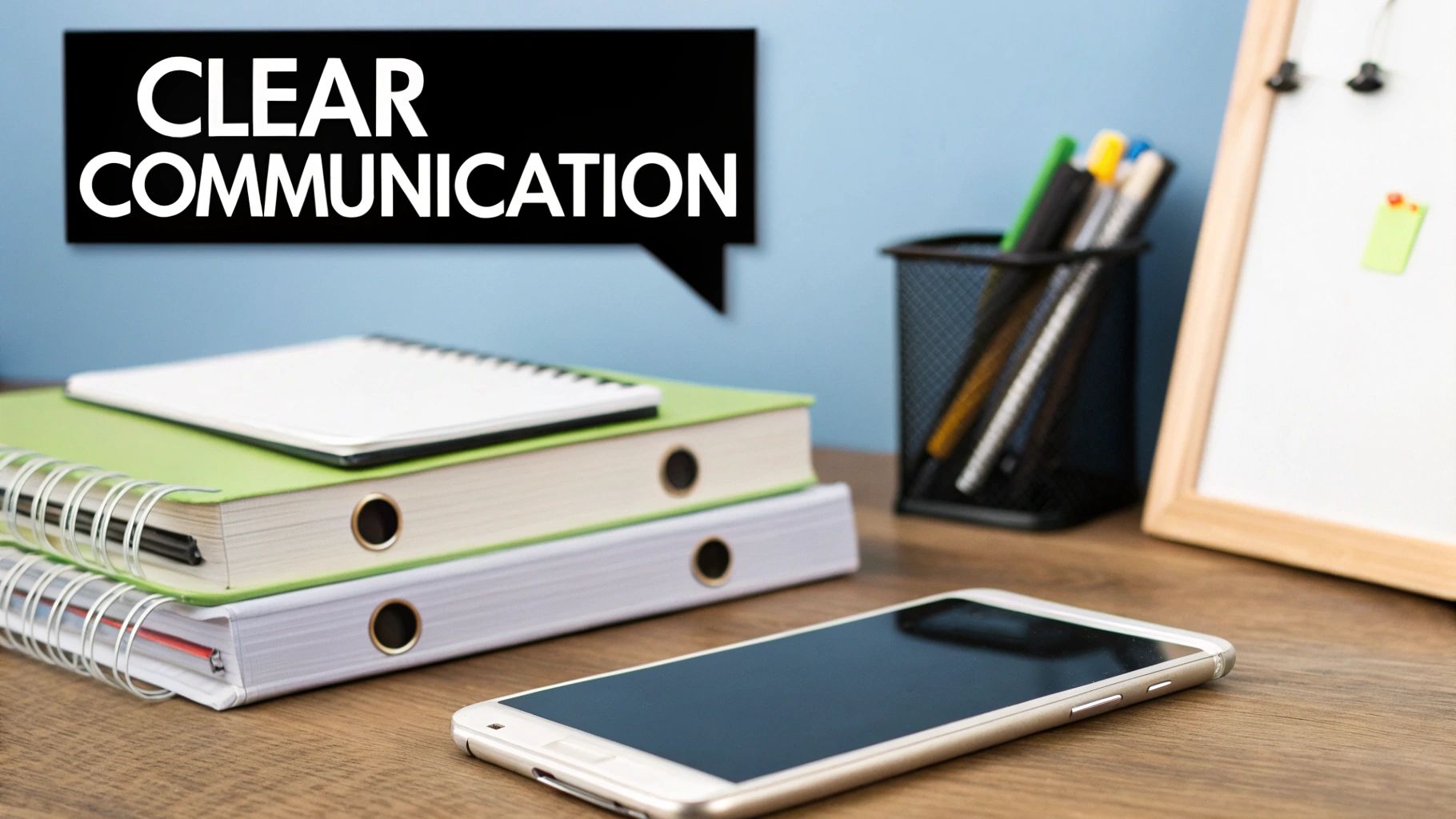 A desk with stacked notebooks, a smartphone, and a pen holder, featuring a speech bubble 'Clear Communication'.