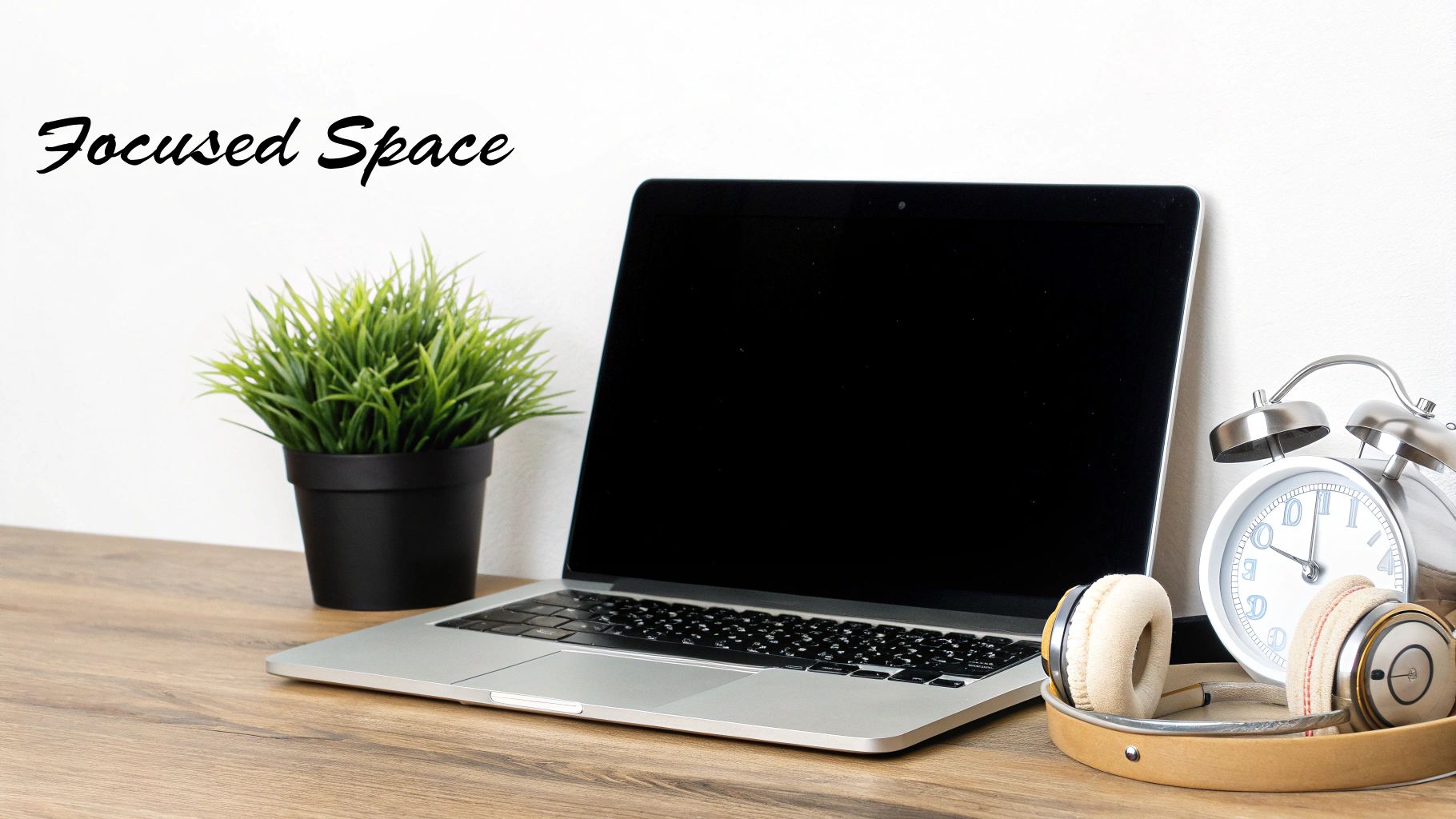 A focused workspace featuring a laptop, a potted plant, an alarm clock, and headphones on a wooden desk.